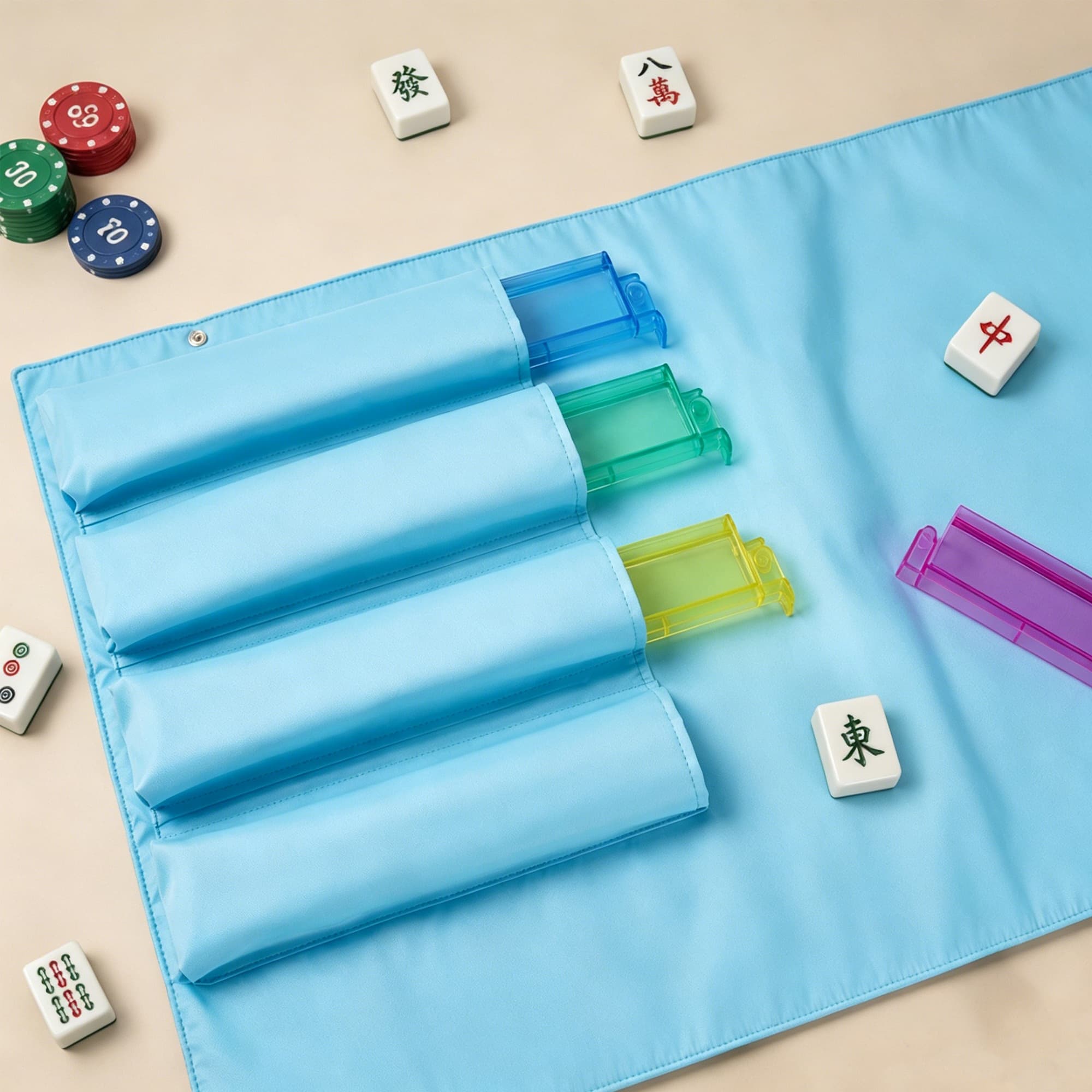 ReignSword Roll-Up Mahjong Rack Bag, Portable Oxford Cloth Organizer for Mahjong Racks, Pushers & Accessories, Family Night Travel Case (Light Blue, 39 x 21 Inch) - 6