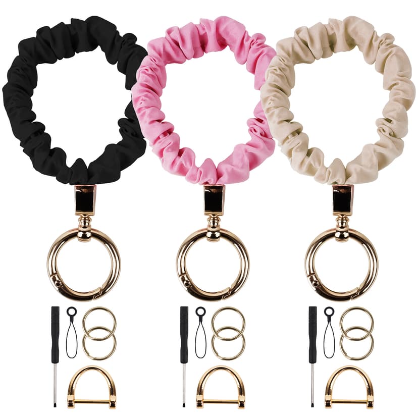 ReignSword 3 Pack Scrunchie Keychain Wristlets, Stretchy Wrist Strap for Car Key Chain with D ring, Soft Wristband Bracelet Keyring for Women (Black, Pink, Beige)