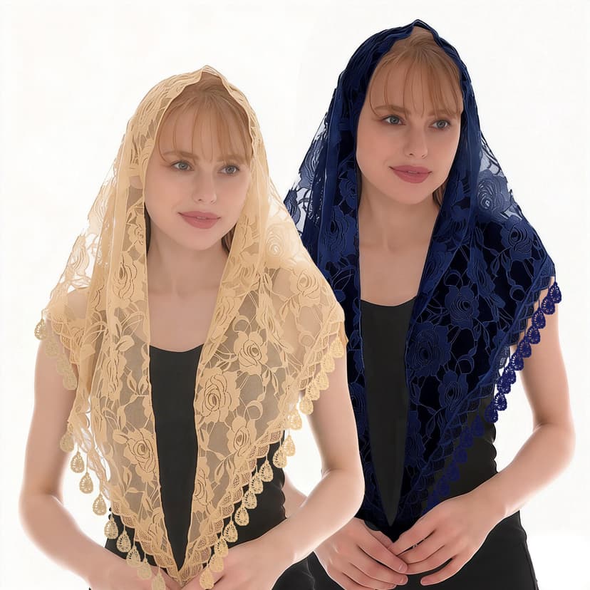ReignSword 2 Pcs Triangle Lace Mantilla Veil Tulle Scarf, Lace Head Coverings for Women, Veils For Church Catholic (Khaki and Tibetan Blue)