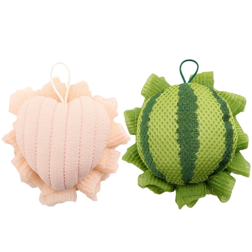 ReignSword 2 Pack Cute Bath Loofah, Cartoon Watermelon & Love Heart Shape - Mesh Shower Sponge Body Scrubber, Exfoliating Bath Accessories for Women
