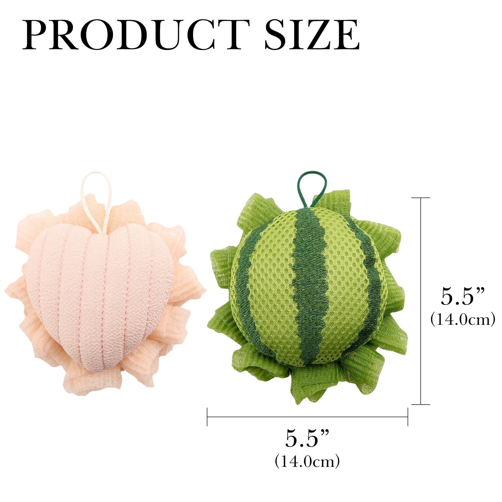 ReignSword 2 Pack Cute Bath Loofah, Cartoon Watermelon & Love Heart Shape - Mesh Shower Sponge Body Scrubber, Exfoliating Bath Accessories for Women - 1