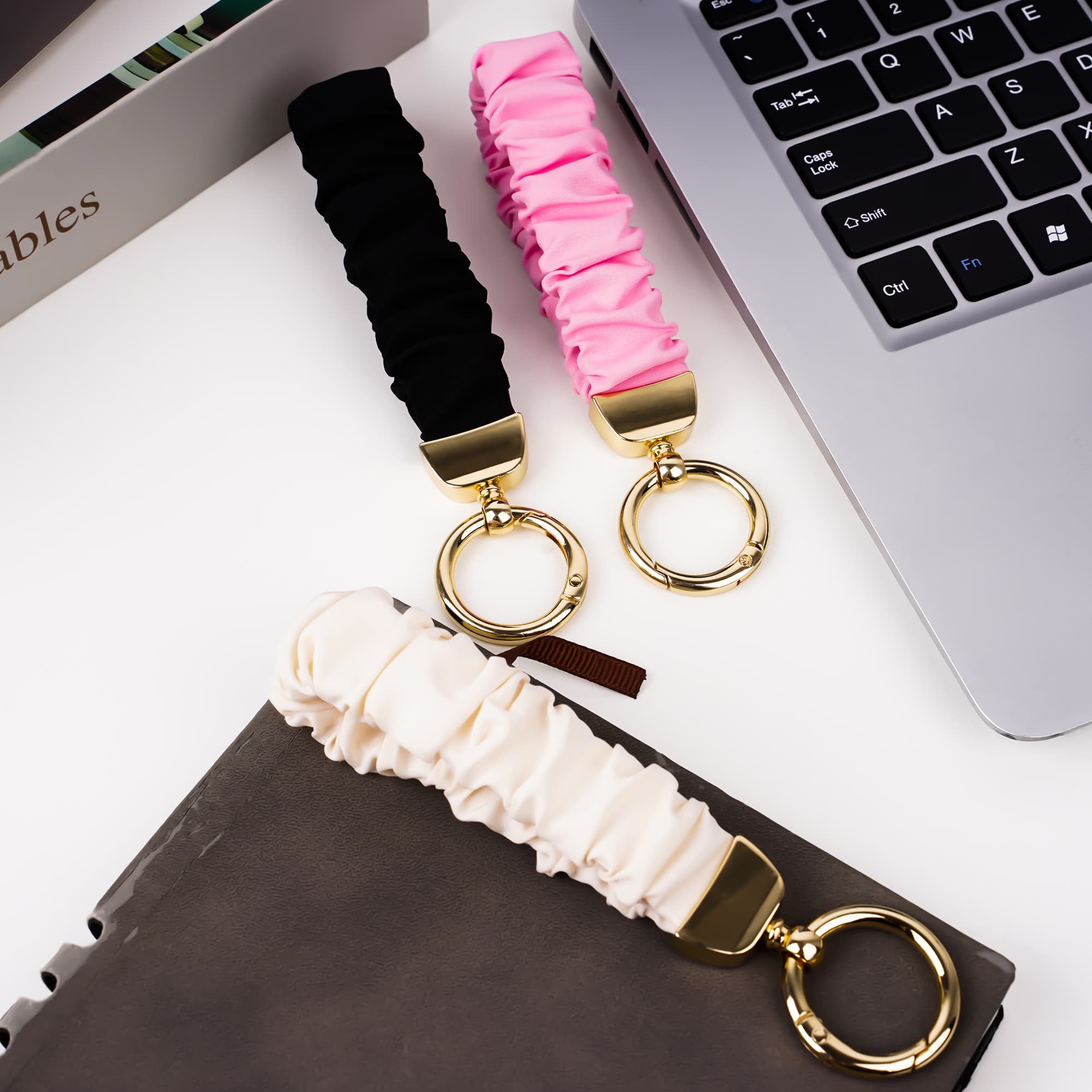 ReignSword 3 Pack Scrunchie Keychain Wristlets, Stretchy Wrist Strap for Car Key Chain with D ring, Soft Wristband Bracelet Keyring for Women (Black, Pink, Beige) - 2