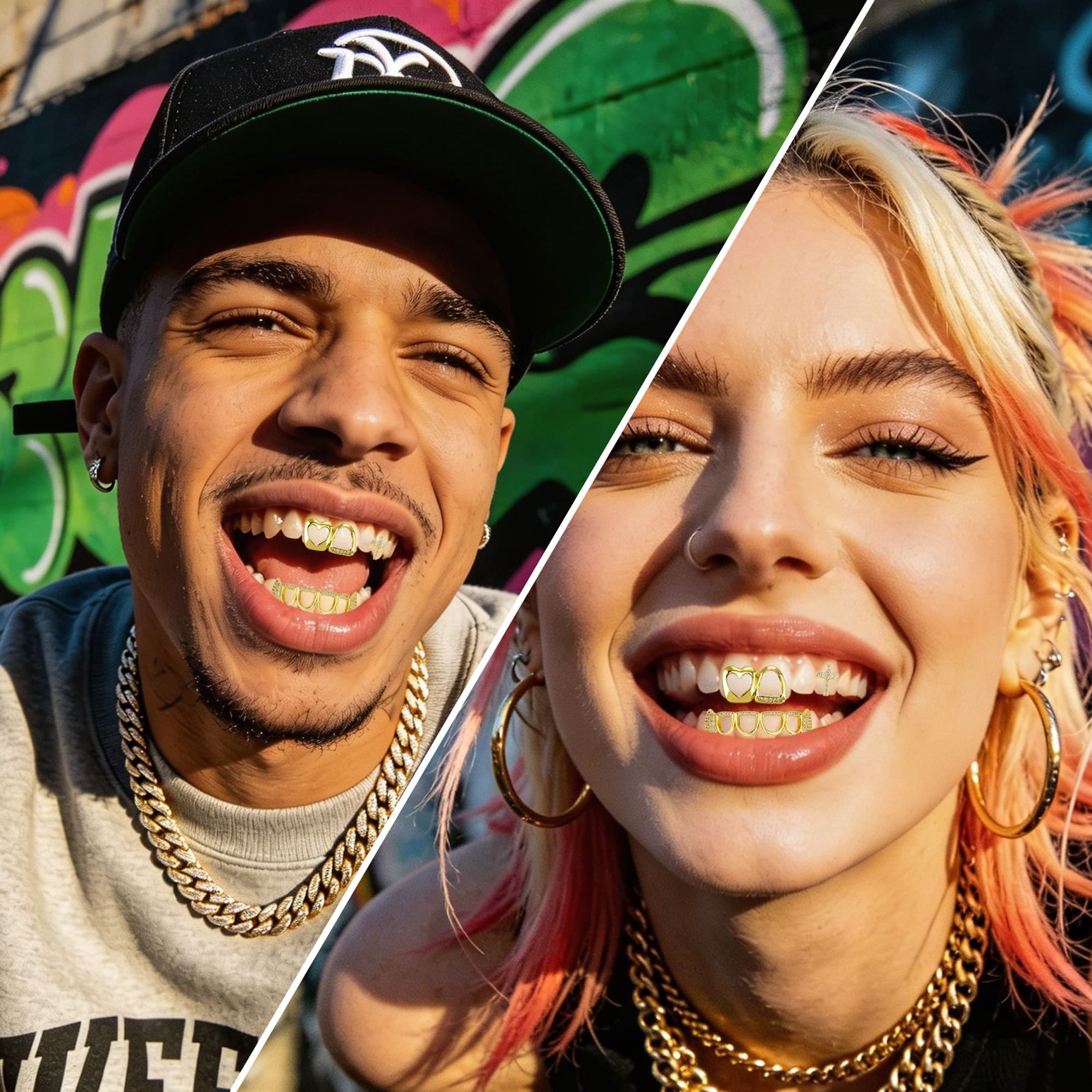 ReignSword 3 Pcs Gold Teeth Grillz Set for Women Men, Heart Cross Star Hollow CZ Grill Caps, Hip Hop Fashion Jewelry for Halloween, Parties & Daily Wear - 6