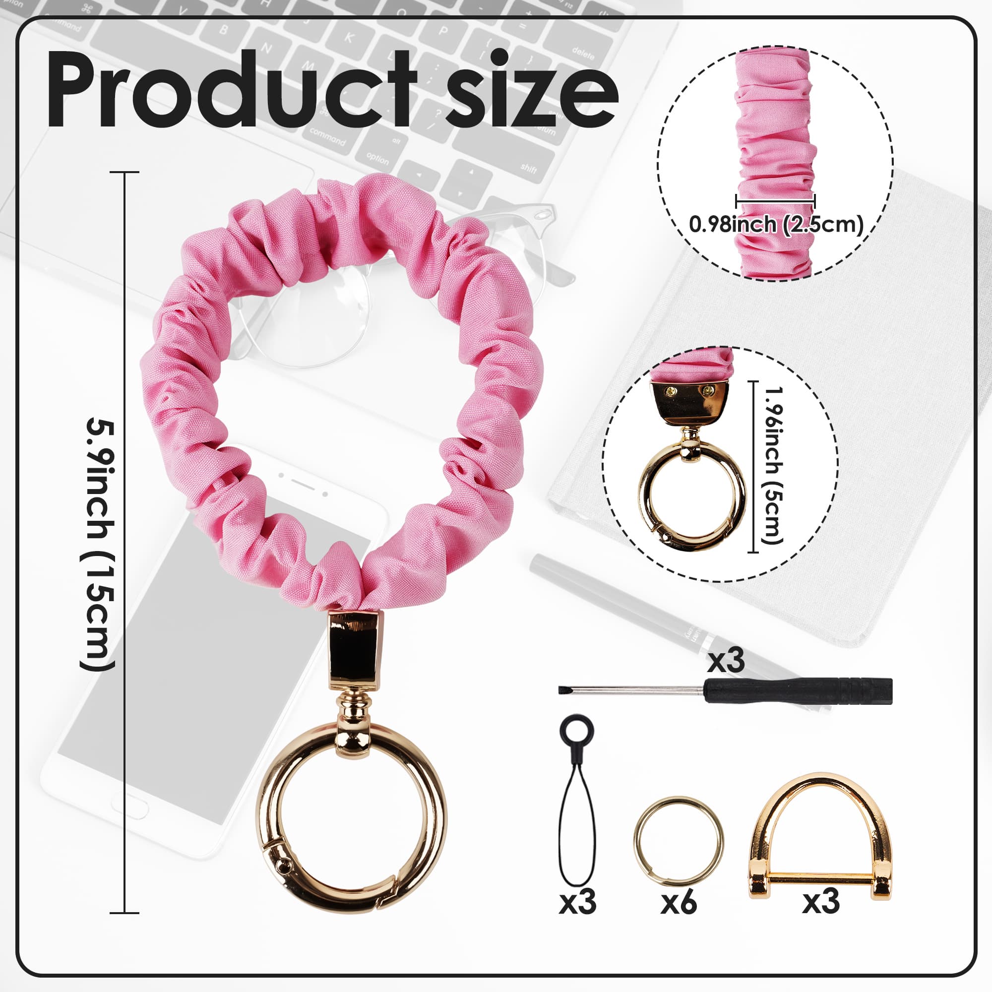 ReignSword 3 Pack Scrunchie Keychain Wristlets, Stretchy Wrist Strap for Car Key Chain with D ring, Soft Wristband Bracelet Keyring for Women (Black, Pink, Beige) - 1
