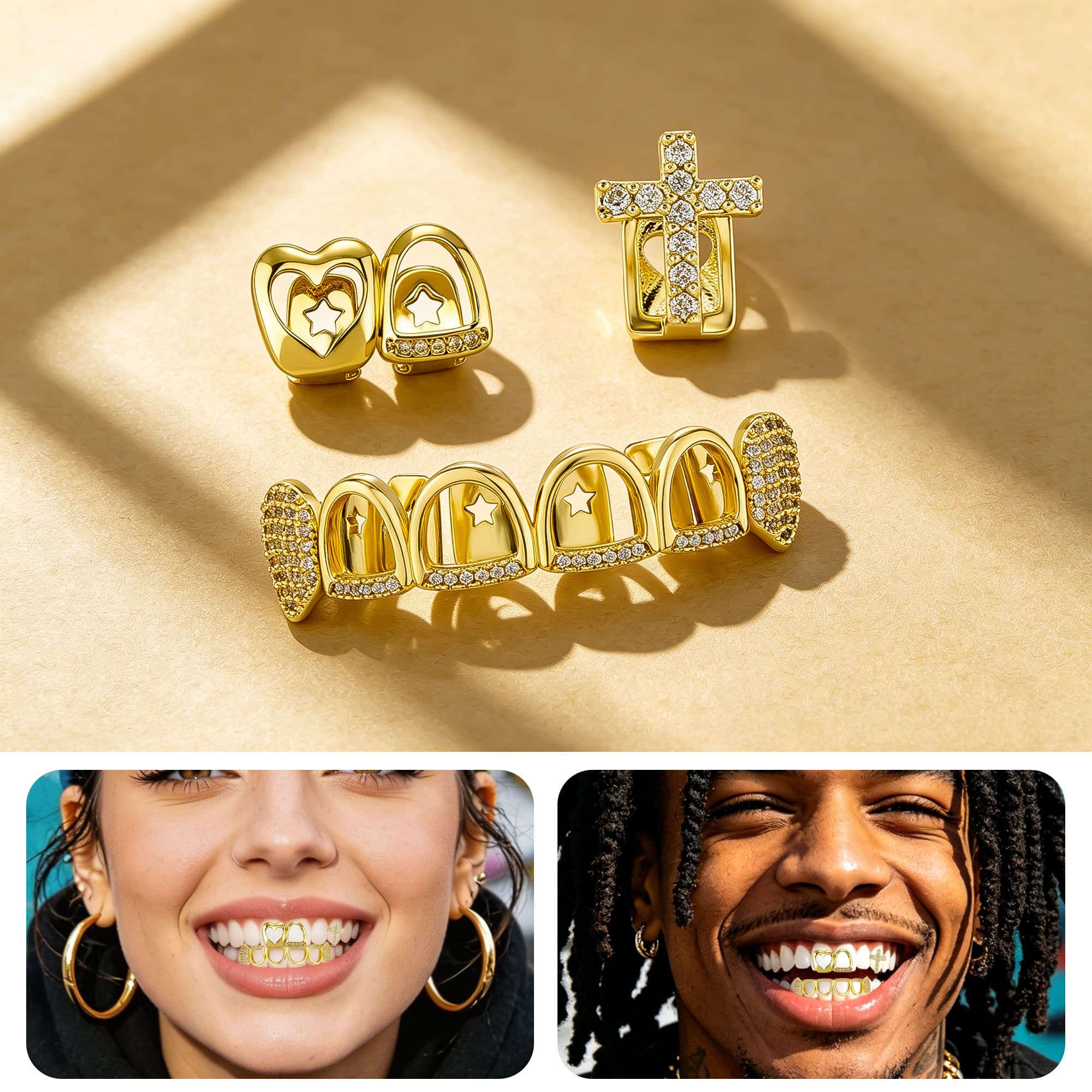 ReignSword 3 Pcs Gold Teeth Grillz Set for Women Men, Heart Cross Star Hollow CZ Grill Caps, Hip Hop Fashion Jewelry for Halloween, Parties & Daily Wear - 4