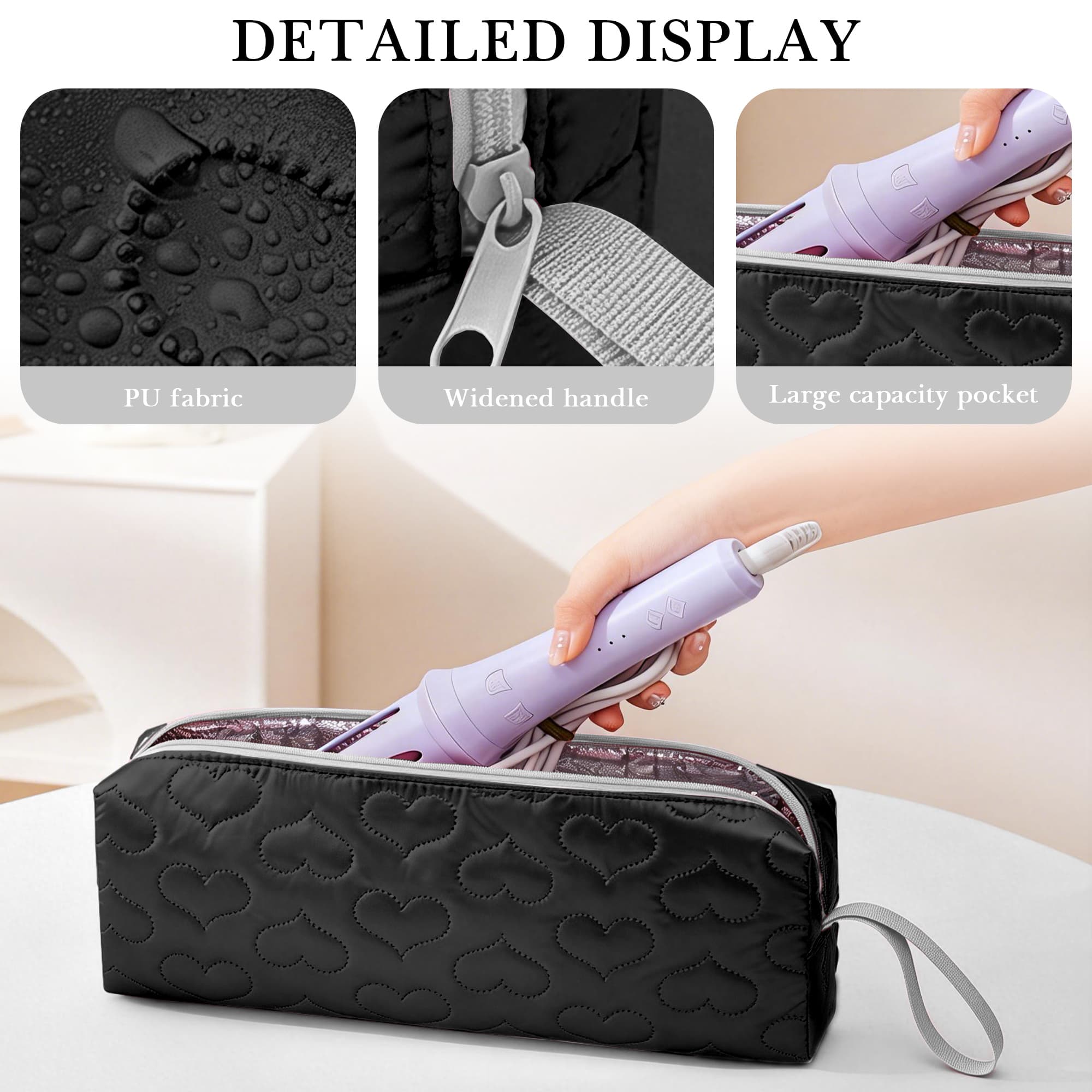 ReignSword Heat Resistant Hair Tools Travel Bag, Portable Storage Case Pouch with Heart Pattern for Curling Irons, Flat Irons, Hair Straighteners and Accessories (Black) - 4