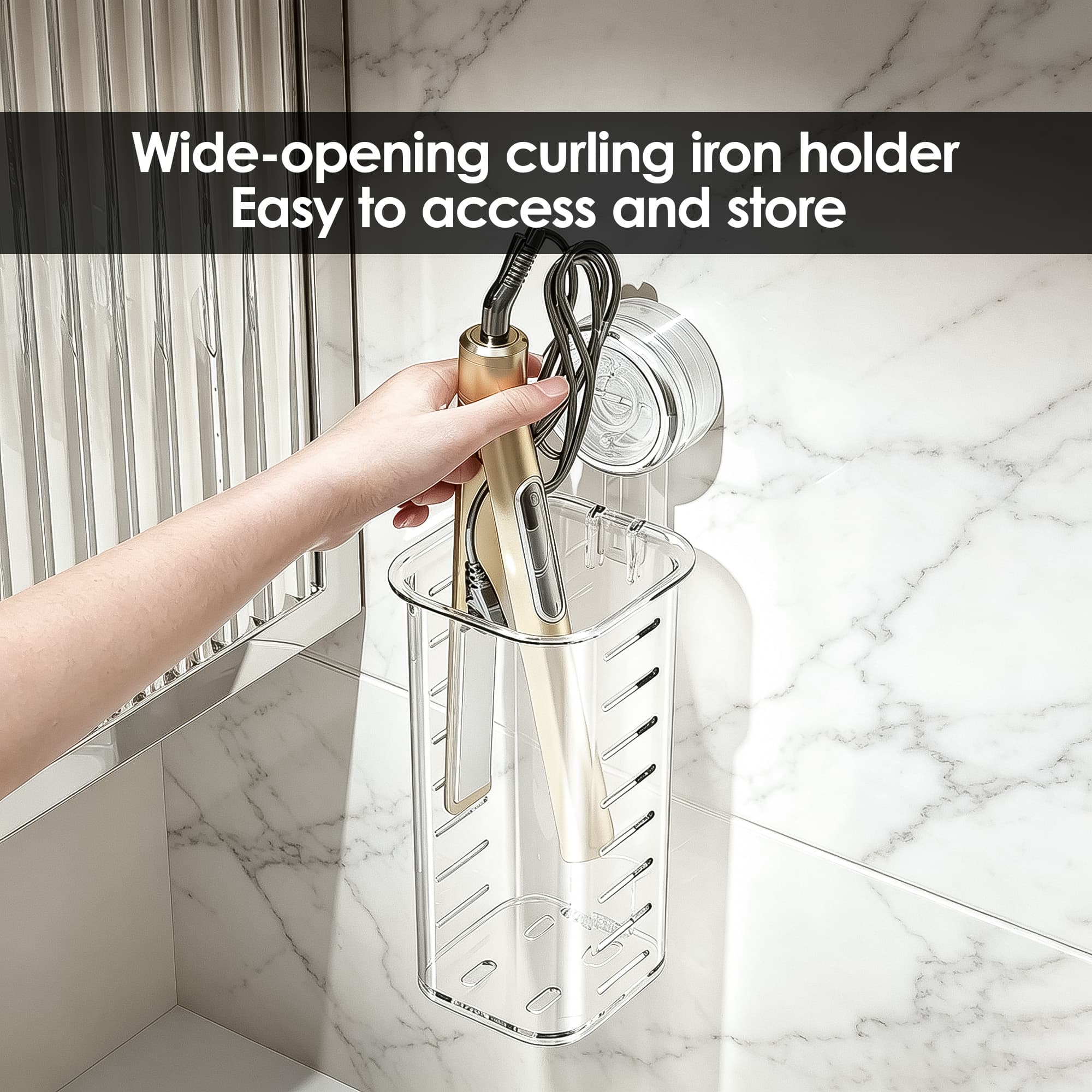 ReignSword Wall Mounted Curling Iron Holder, No Drill Hot Tool Organizer with Suction Cup, Bathroom Hair Straightener Flat Iron Hair Styling Appliance Storage Rack (Clear) - 5