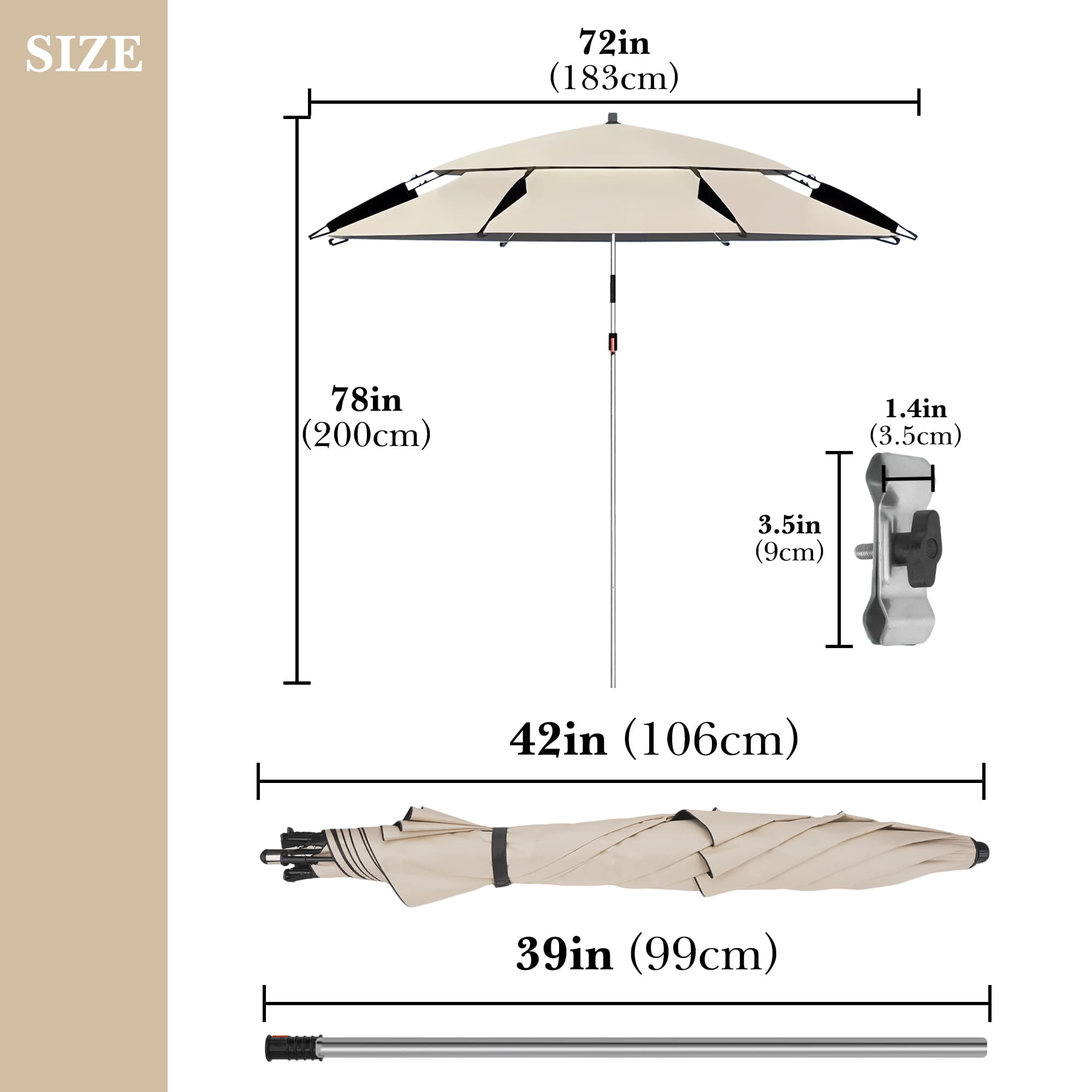 ReignSword Sun Shade for Foldable Wagon, 78 Inch Large Beach Umbrella with Secure Clamp, 360° Adjustable UV Sun Protection for Camping, Beach, Soccer Game & Picnics - 1