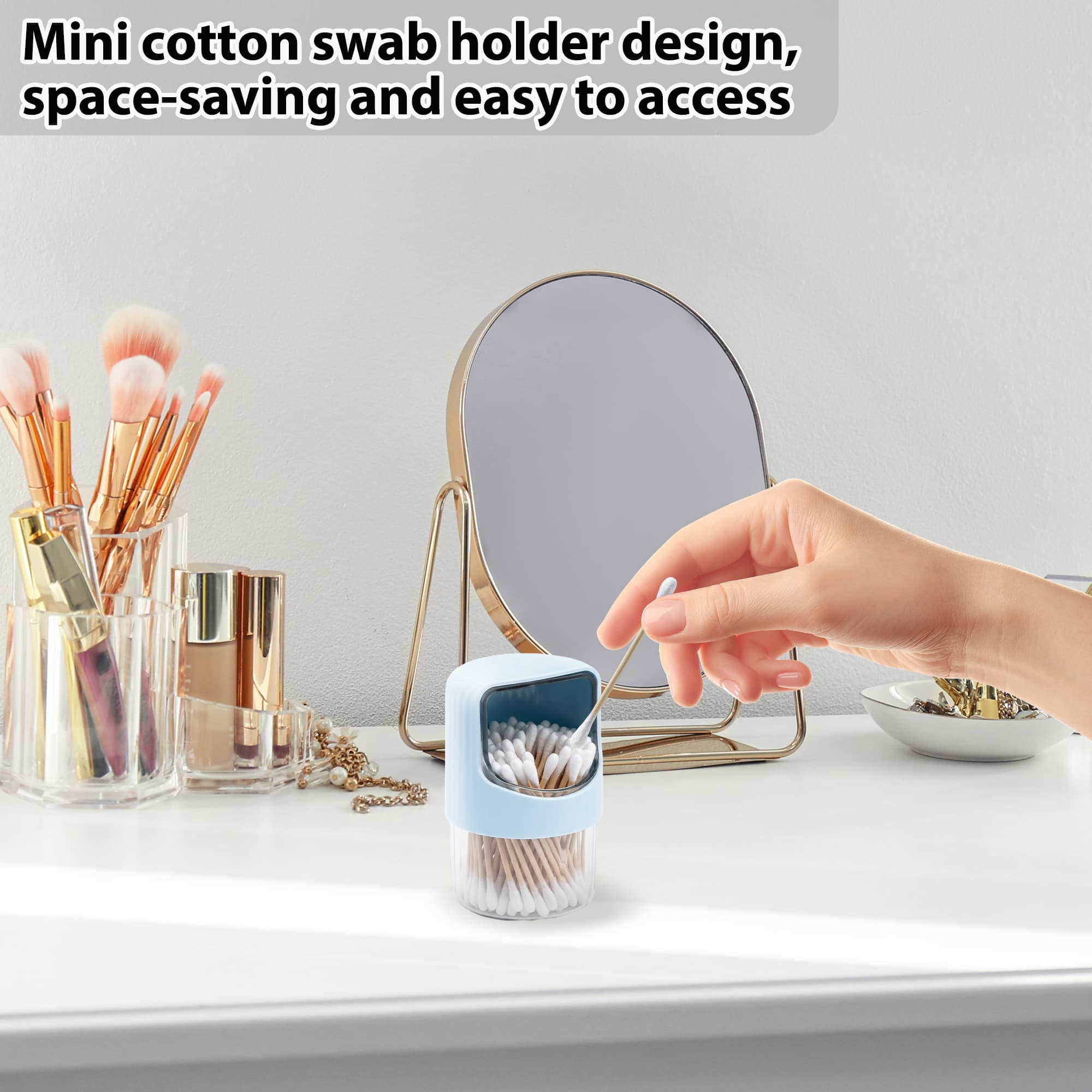 ReignSword 2 Pack Qtip Holder Dispenser with Rotating Lid, Clear Cotton Swab Holder Plastic Container, Bathroom Jar Organizer for Cotton Swabs, Balls, Pads, Dental Floss (Pink & Blue) - 3