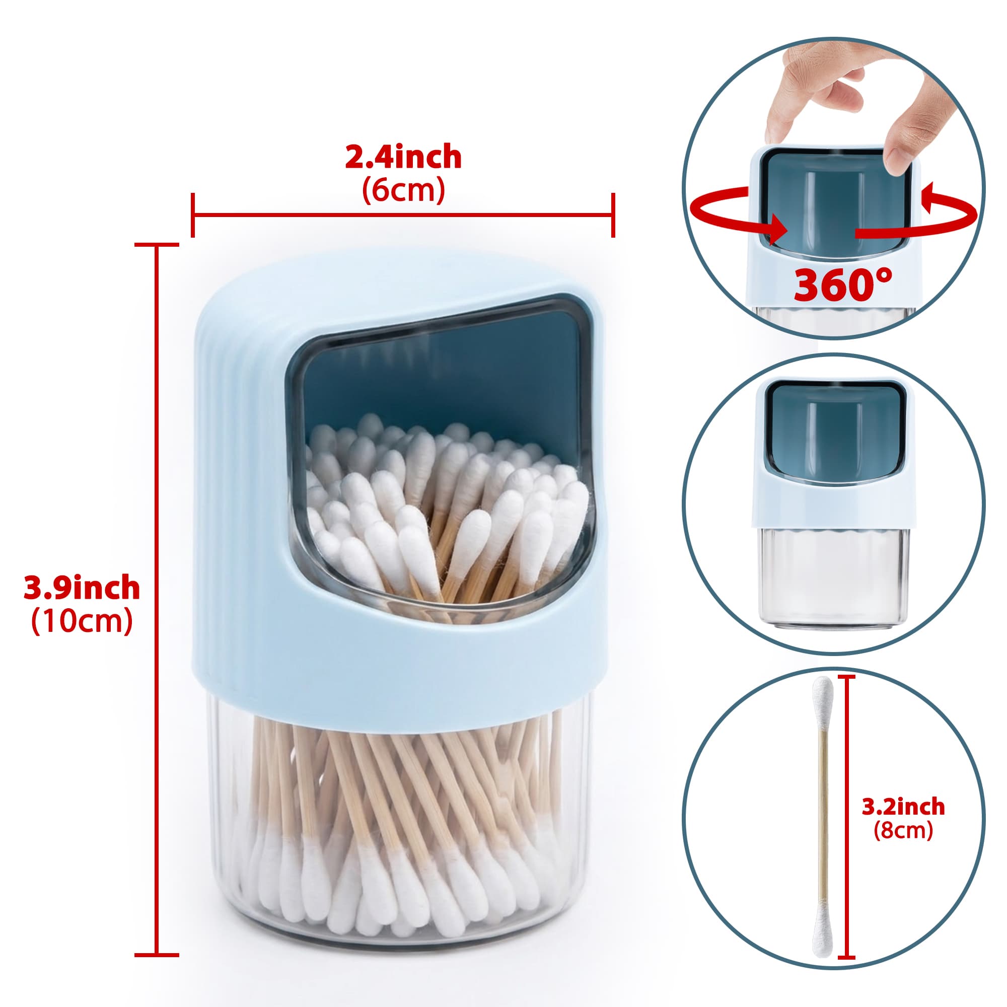 ReignSword 2 Pack Qtip Holder Dispenser with Rotating Lid, Clear Cotton Swab Holder Plastic Container, Bathroom Jar Organizer for Cotton Swabs, Balls, Pads, Dental Floss (Pink & Blue) - 1