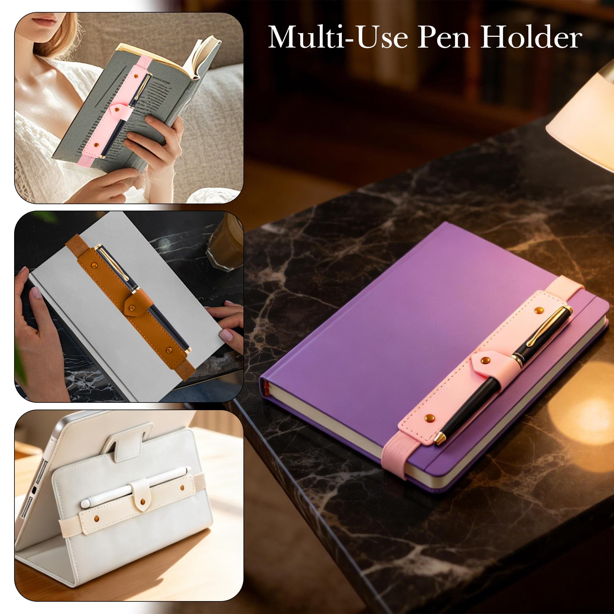 ReignSword 5 Pack Pen Holder for Notebook, Vegan Leather Pencil Sleeve Pouch with Adjustable Elastic Band, Rotatable Pen Case for Hardcover Journals, Planners, Binders, Bibles & Books, Fit 8.5" Height - 3