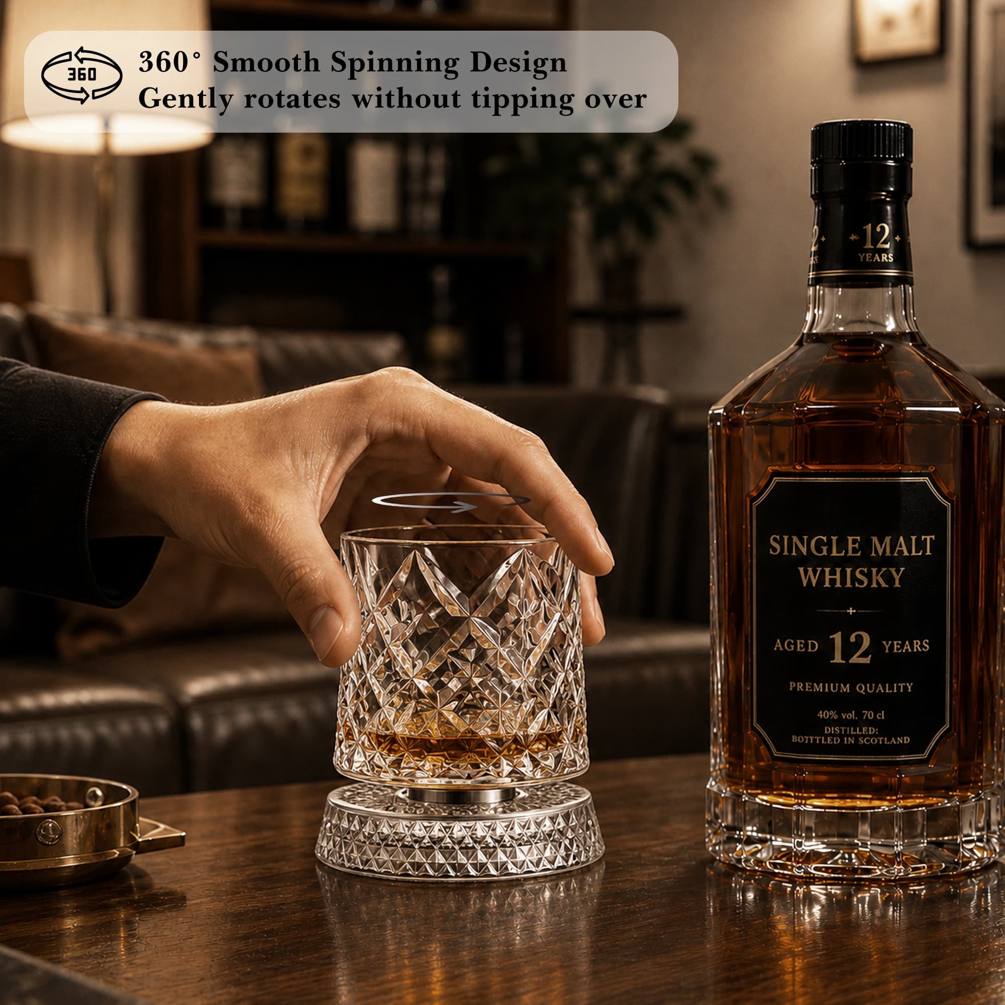 ReignSword Rotating Crystal Whiskey Glass Set, 9oz Spinning Old Fashioned Tumbler with Engraved Design, Stress Relief Cocktail Cup for Men Home Bar (Gemstone) - 5