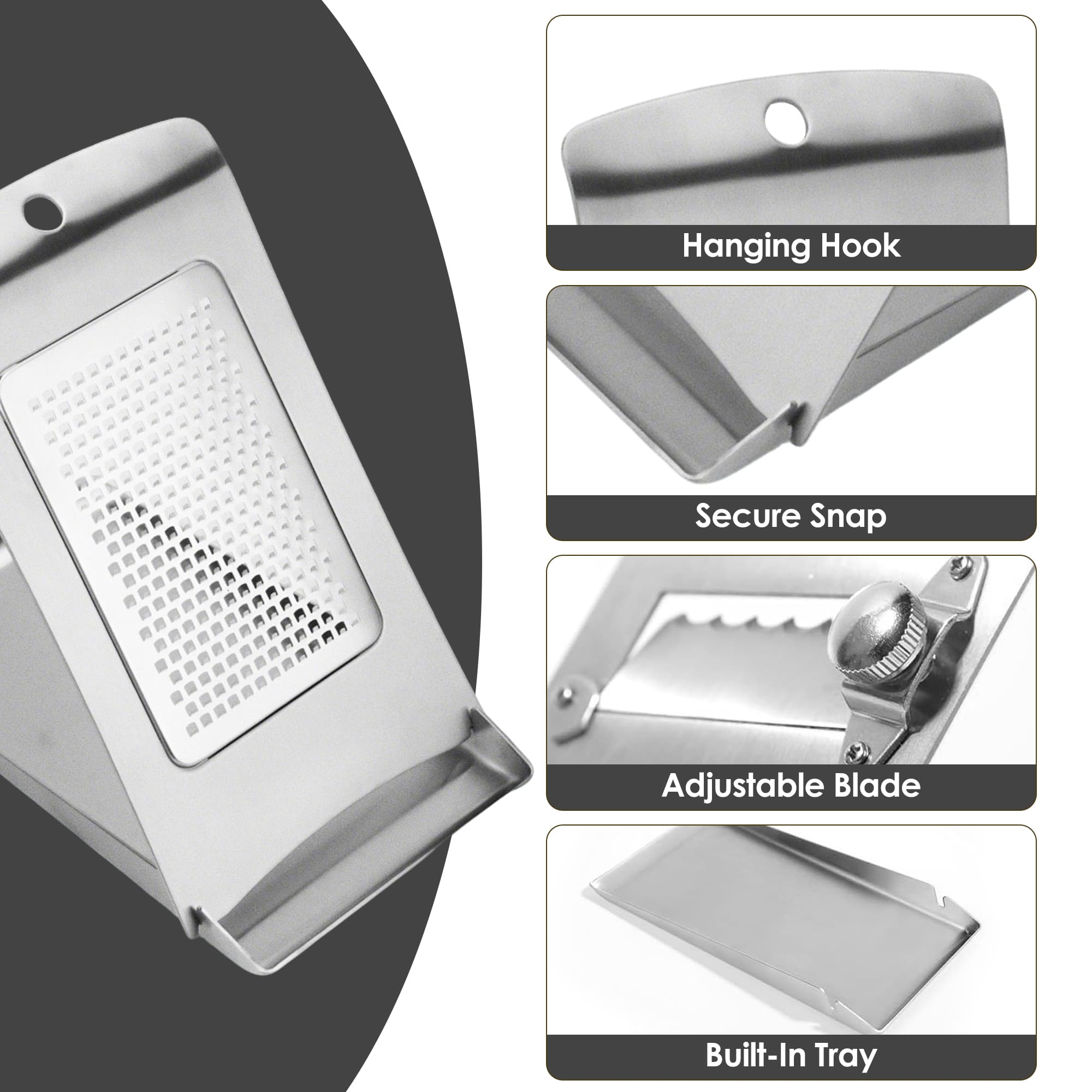 ReignSword Handheld Cheese Grater, 3-in-1 Stainless Steel Slicer, Grater and Shredder with Tray, Food Graters Tools for Kitchen, Suitable for Potato, Vegetable, Butter, Cheese - 2