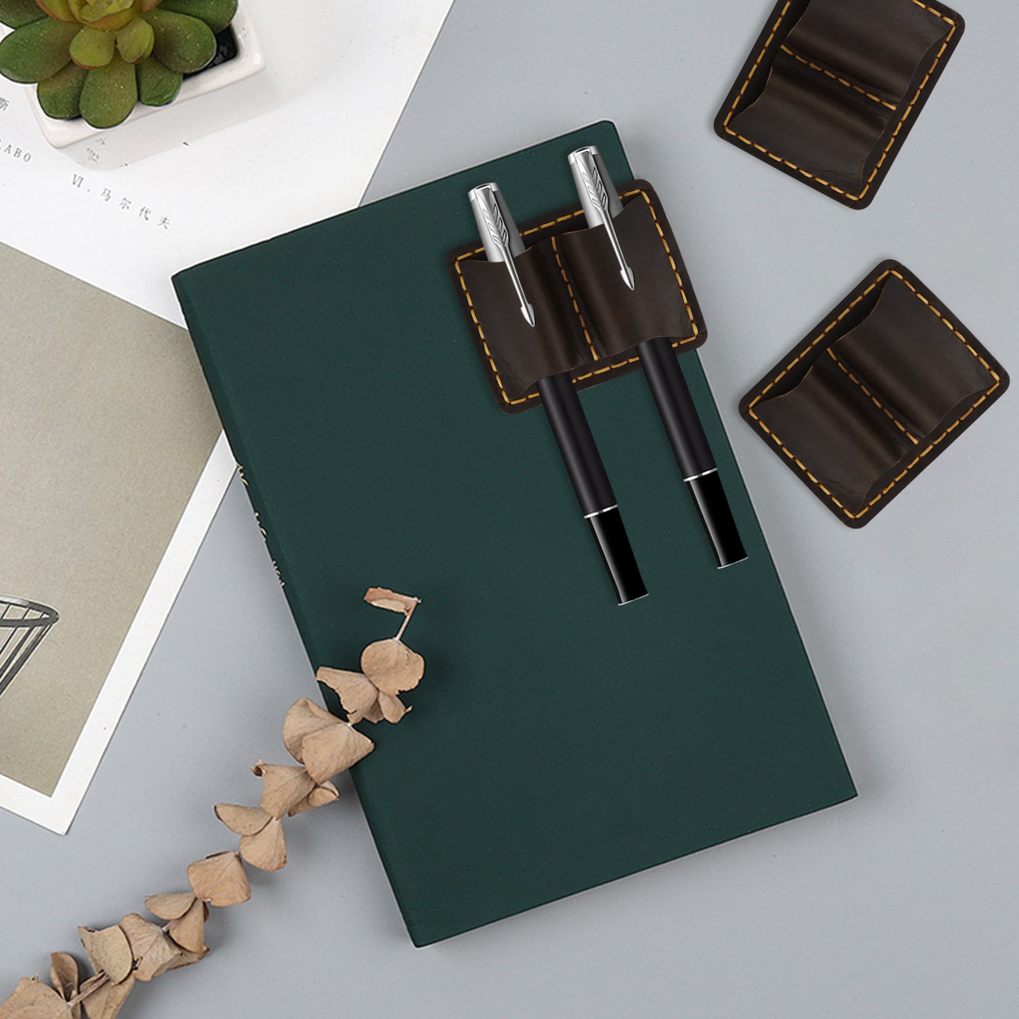 ReignSword Leather Pen Holder for Notebook, Double Slot Pen Holder for Journal Notebook Clipboard, Pencil Holder with Elastic Loop for Pens, Pencil, Stylus Pen (Coffee) - 2