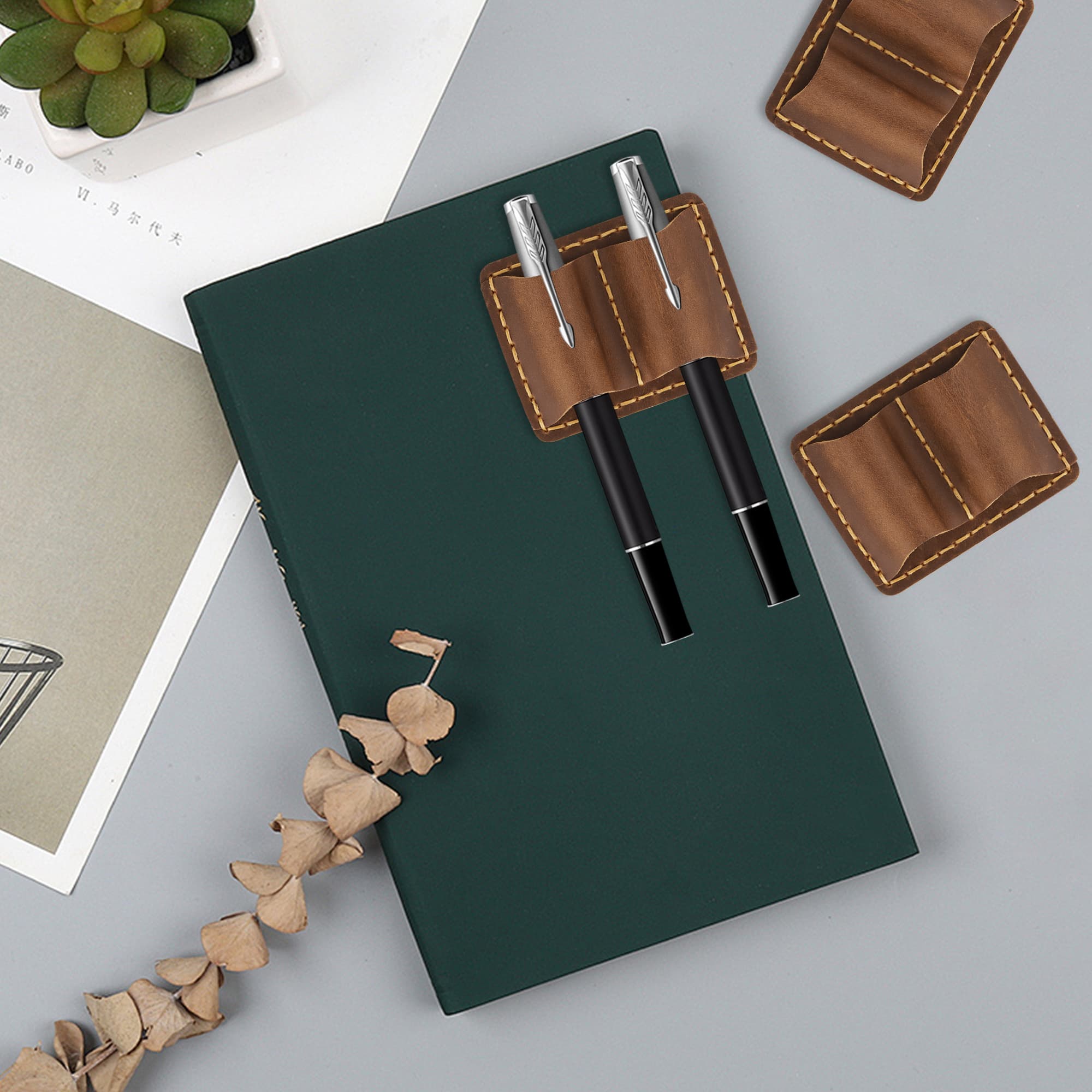 ReignSword Leather Pen Holder for Notebook, Double Slot Pen Holder for Journal Notebook Clipboard, Pencil Holder with Elastic Loop for Pens, Pencil, Stylus Pen (Brown) - 2