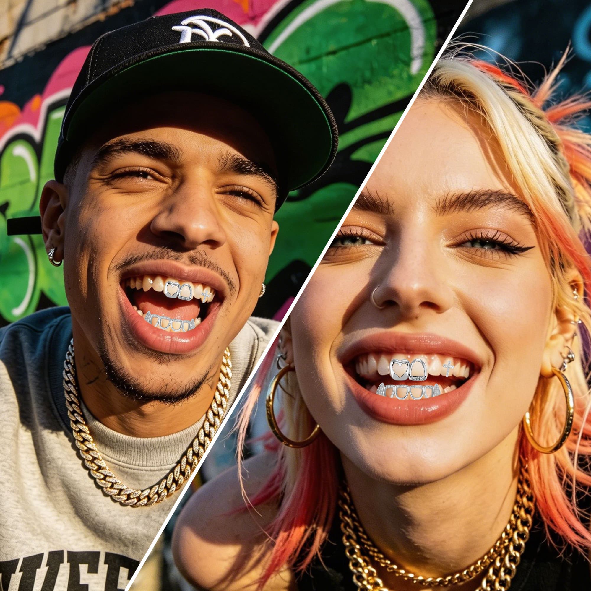 ReignSword 3 Pcs Silver Teeth Grillz Set for Women Men, Heart Cross Star Hollow CZ Grill Caps, Hip Hop Fashion Jewelry for Halloween, Parties & Daily Wear - 5