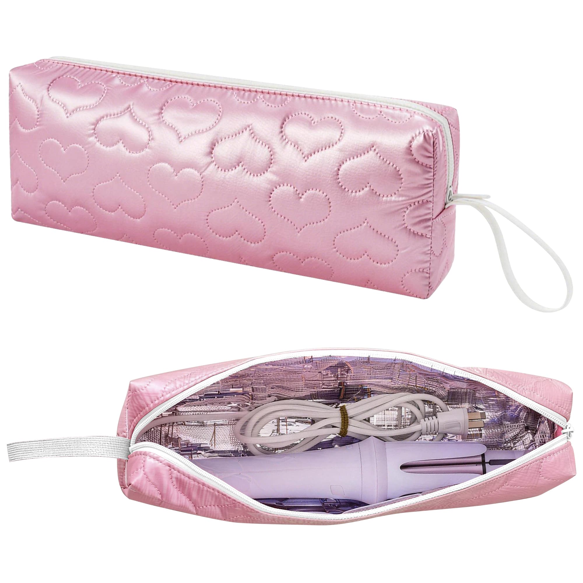 ReignSword Heat Resistant Hair Tools Travel Bag, Portable Storage Case Pouch with Heart Pattern for Curling Irons, Flat Irons, Hair Straighteners and Accessories (Peach Pink) - 2