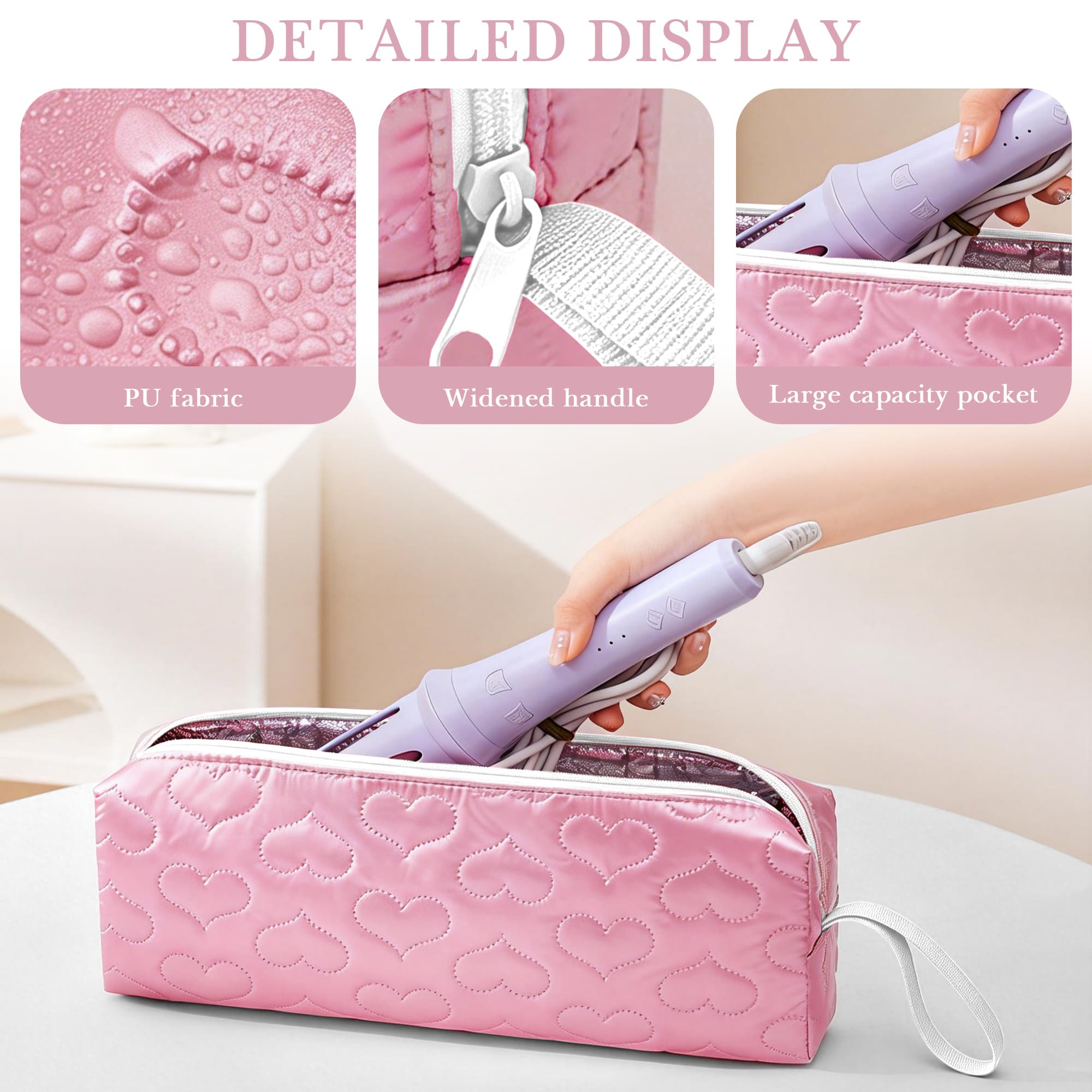 ReignSword Heat Resistant Hair Tools Travel Bag, Portable Storage Case Pouch with Heart Pattern for Curling Irons, Flat Irons, Hair Straighteners and Accessories (Peach Pink) - 4
