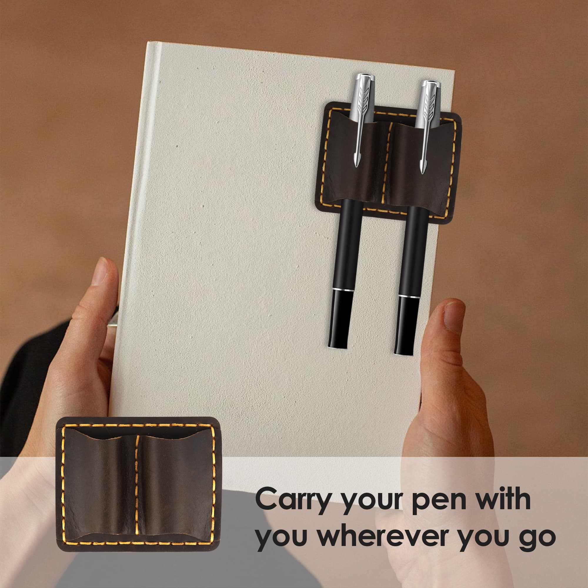 ReignSword Leather Pen Holder for Notebook, Double Slot Pen Holder for Journal Notebook Clipboard, Pencil Holder with Elastic Loop for Pens, Pencil, Stylus Pen (Coffee) - 4
