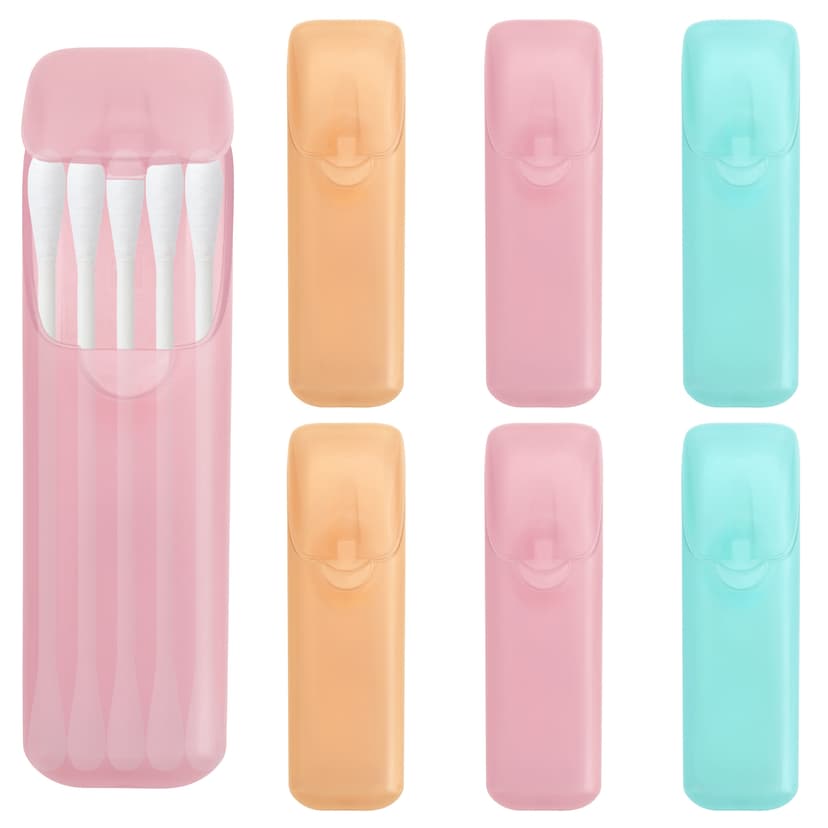 ReignSword 6 Pack Travel Cotton Swab Holder, Portable Qtip Storage Case with Dustproof Lid, Small Clear Plastic Container for Dental Floss & Hair Ties (Pink, Blue, Yellow)