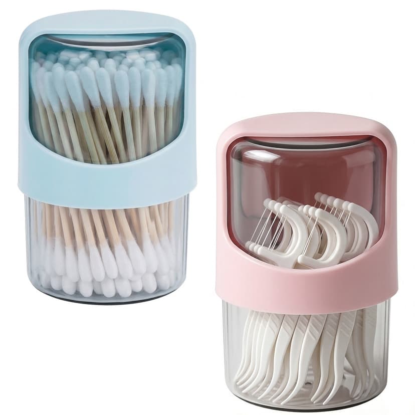 ReignSword 2 Pack Qtip Holder Dispenser with Rotating Lid, Clear Cotton Swab Holder Plastic Container, Bathroom Jar Organizer for Cotton Swabs, Balls, Pads, Dental Floss (Pink & Blue)