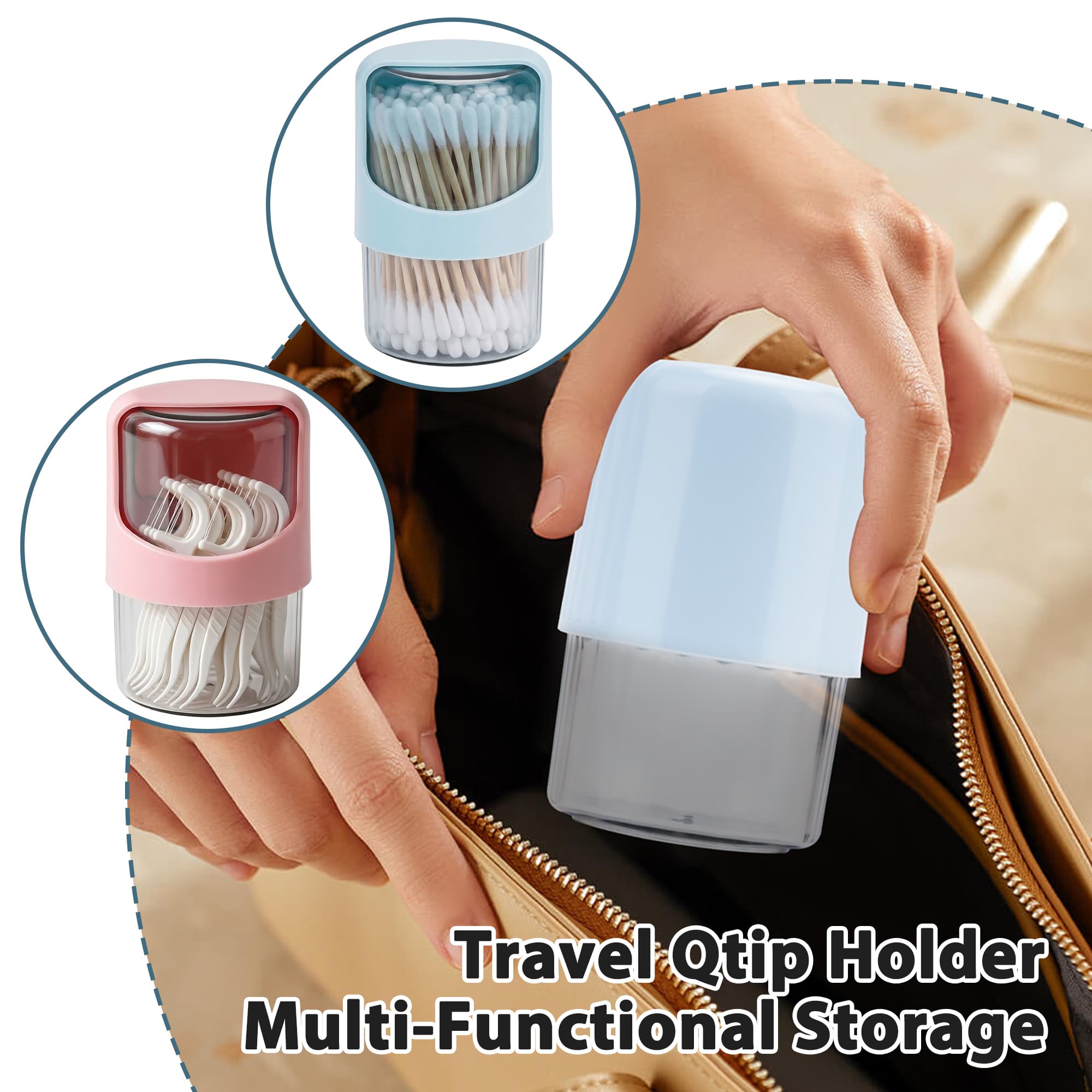 ReignSword 2 Pack Qtip Holder Dispenser with Rotating Lid, Clear Cotton Swab Holder Plastic Container, Bathroom Jar Organizer for Cotton Swabs, Balls, Pads, Dental Floss (Pink & Blue) - 2