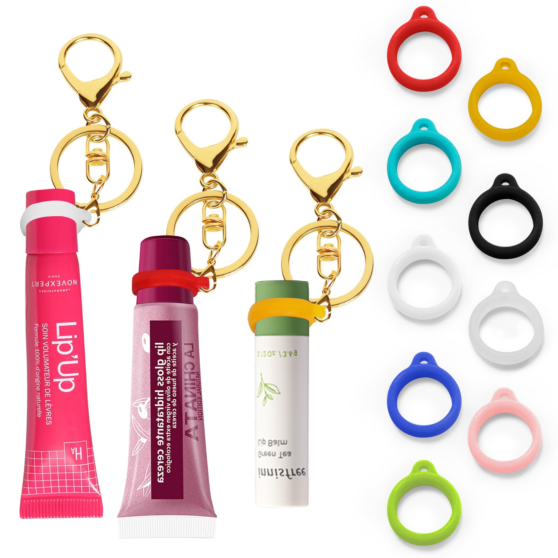 ReignSword Lip Gloss Keychain for Women, 3 Pack Lipstick Holder Key Chain with 9 Rubber Rings, Portable Lip Balm Holder for Purse Charms Keychain Wallet Tumbler Accessories - 6