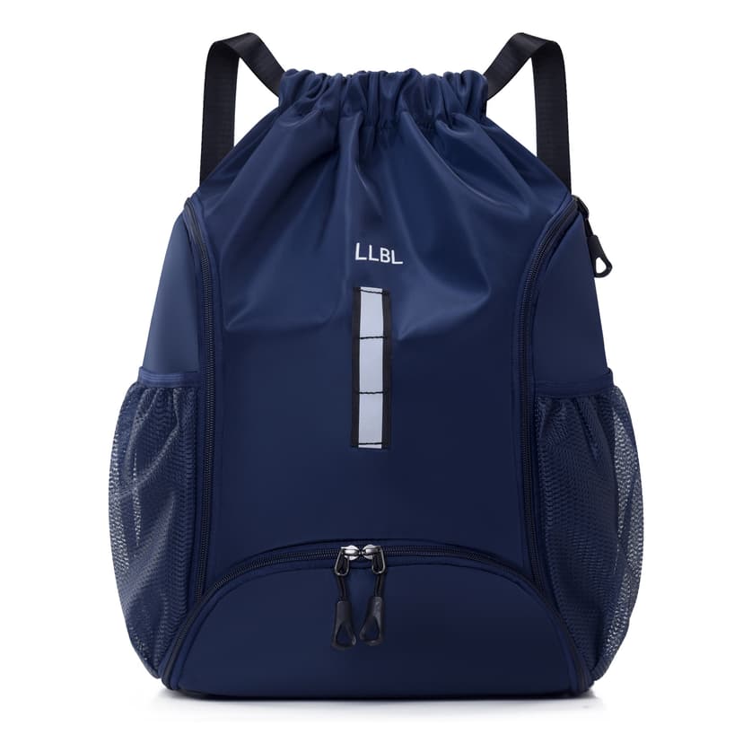 ReignSword Drawstring Gym Backpack with Shoe Compartment, Large Sports Cinch Bag Fits Basketball & Shoes, Waterproof Oxford Sack with Reflective Strip for Gym, Travel, Swimming (Dark Blue)