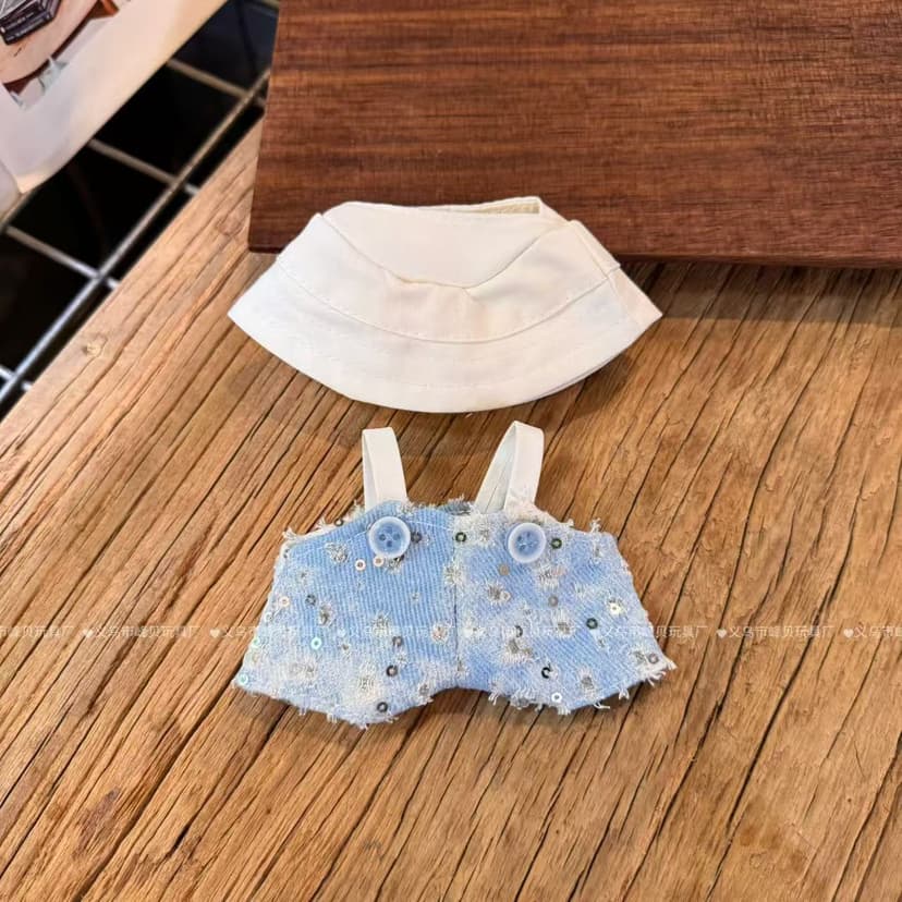 ReignSword 17cm Doll Clothes, 2 Pcs Set Contrast Sequined Suit with Overalls and Hat, Dress-Up-Replaceable Doll Outfits, Adorable Dolls Clothes Accessories for 6.7 Inches Dolls (Blue, NO Doll)