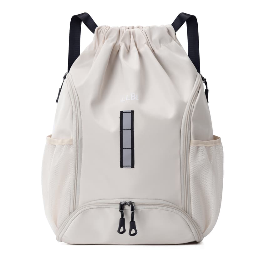 ReignSword Drawstring Gym Backpack with Shoe Compartment, Large Sports Cinch Bag Fits Basketball & Shoes, Waterproof Oxford Sack with Reflective Strip for Gym, Travel, Swimming (Off White)