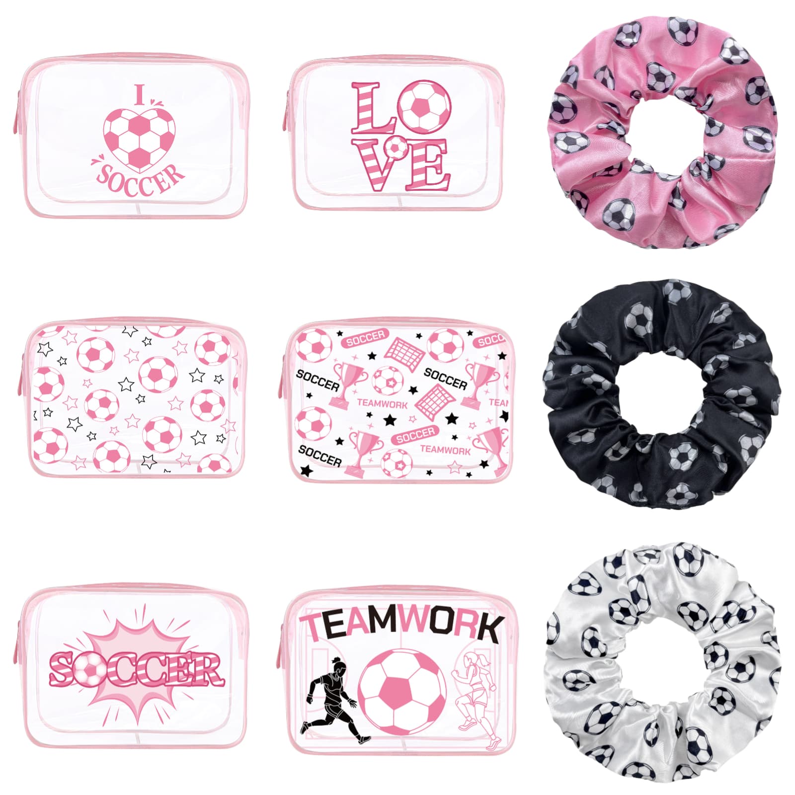 ReignSword 24 Pack Soccer Team Gifts for Girls, 12 Pink Clear PVC Soccer Cosmetic Bags, 12 Sport Hair Scrunchies for Sports Team Accessories Coach Soccer Party Supplies - 6