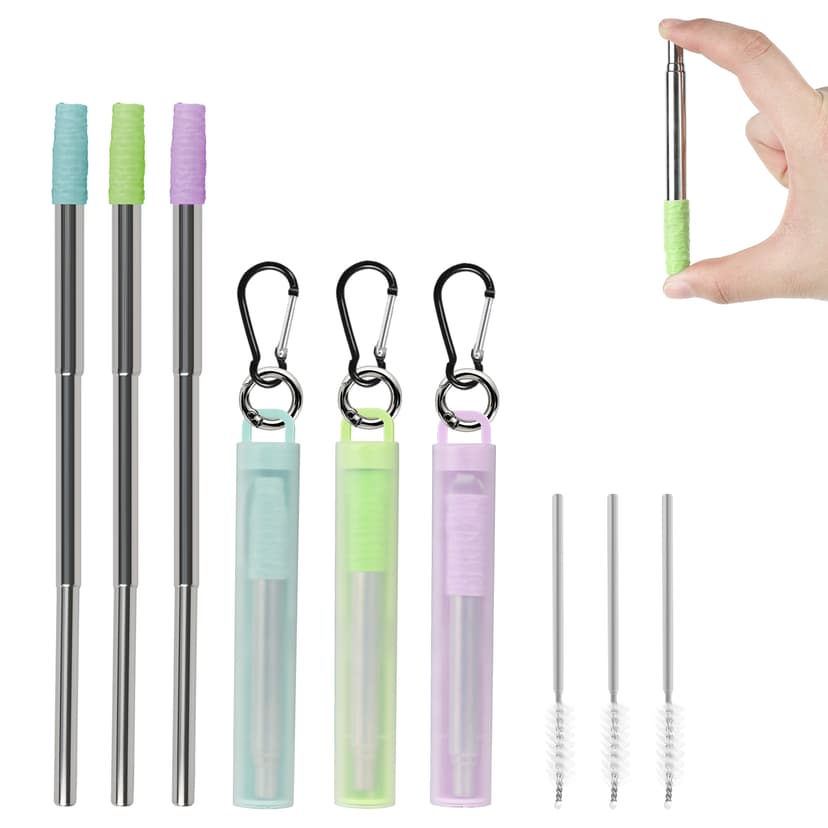 ReignSword 3 Pack Reusable Collapsible Straws with Silicone Tip, Telescopic Portable Stainless Steel Reusable Keychain Drinking Straws with Case, Cleaning Brush, for Travel, School, Picnic