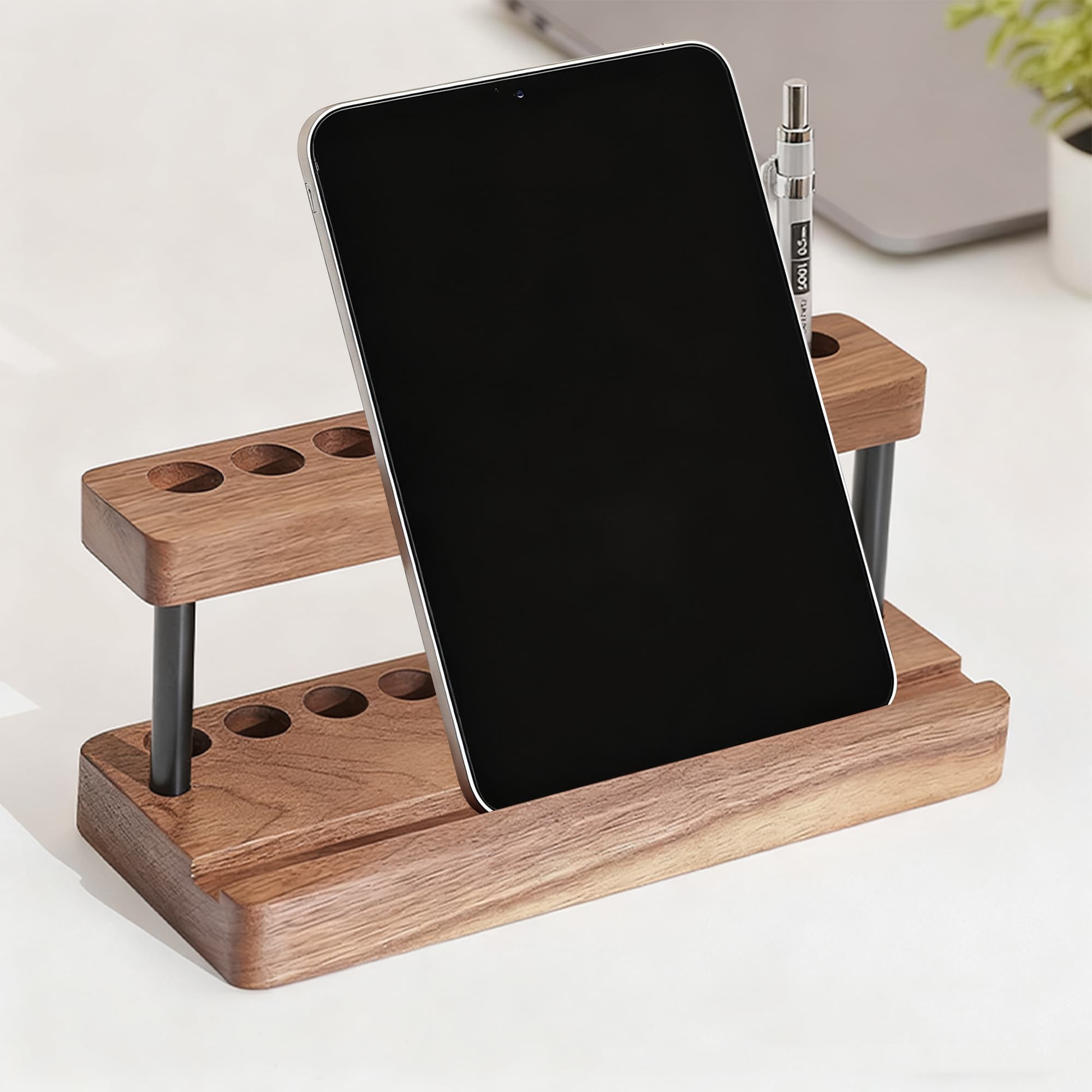 ReignSword Wooden Pen Holder for Desk, Pen Holder Display Stand with 9 Slots and Cell Phone Holder, Multifunctional Pen Organizer for Office and Home - 4