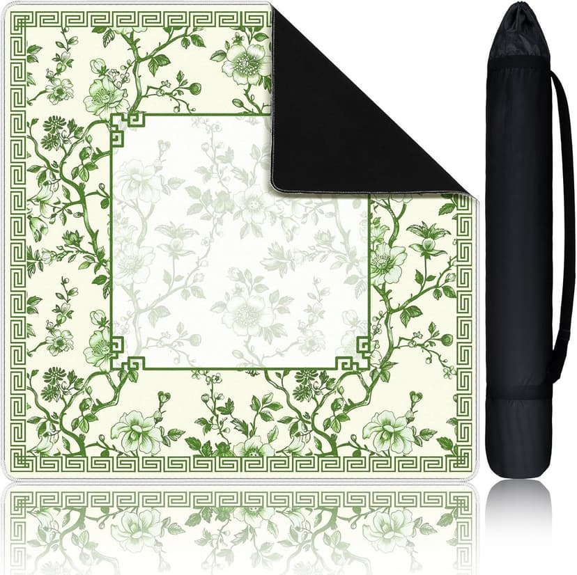 ReignSword Chinoiserie Flower Mahjong Mat with Carrying Bag, Anti-Slip and Noise-Reducing Mat for Table, Functional Gifts for Card Games, and Board Tile Games ( 31.5" x 31.5", Green)