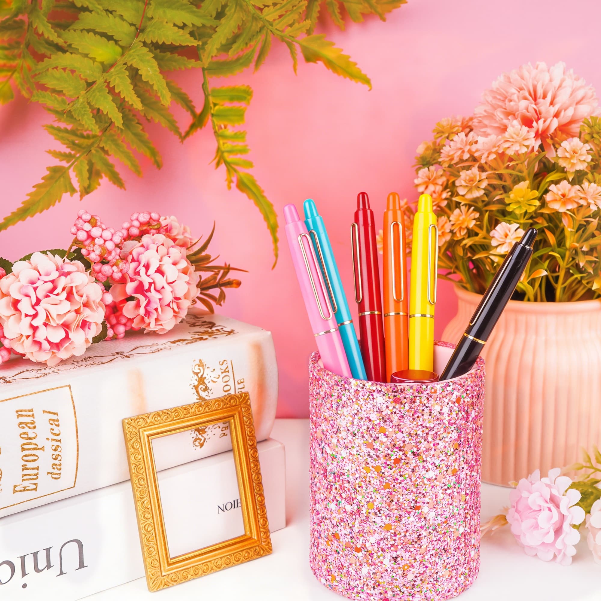 ReignSword Pen Holder for Desk, Cute Pink Glitter Pencil Cup with Vegan Leather Material for Women & Girls, Aesthetic Desk Organizer for Home Office - 3