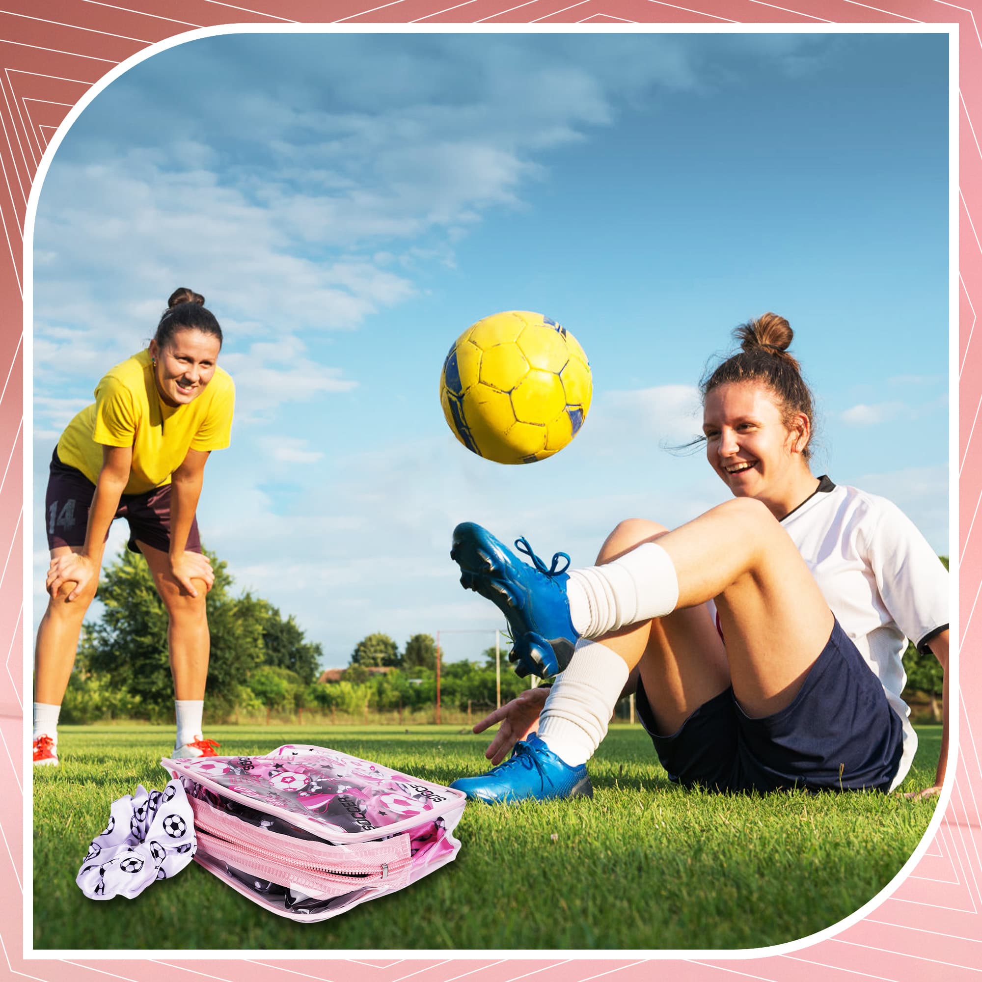 ReignSword 24 Pack Soccer Team Gifts for Girls, 12 Pink Clear PVC Soccer Cosmetic Bags, 12 Sport Hair Scrunchies for Sports Team Accessories Coach Soccer Party Supplies - 4