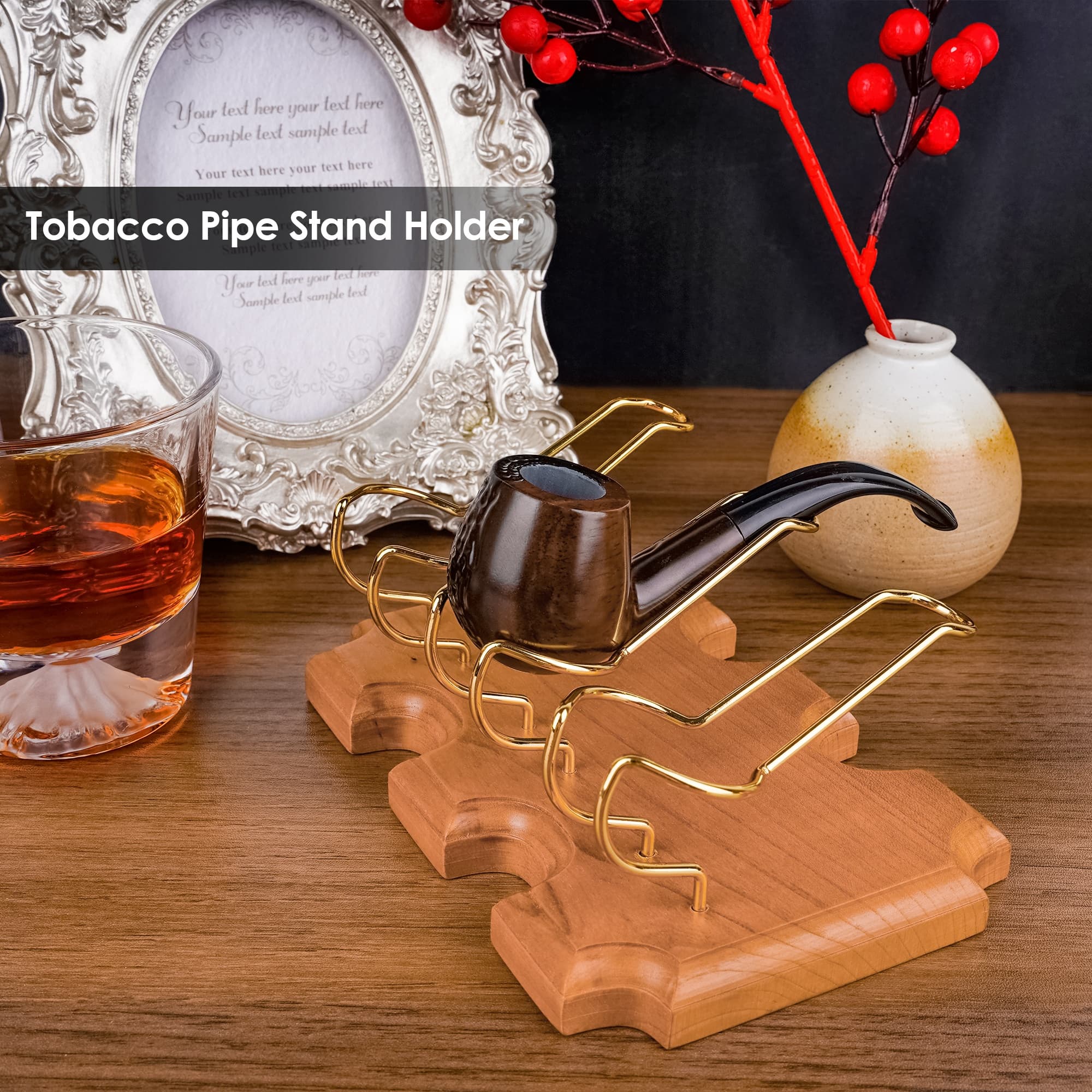 ReignSword Wooden Tobacco Pipe Stand Holder with 3 Display Metal Slots, Family Home Pipe Accessories for Tobacco - 4