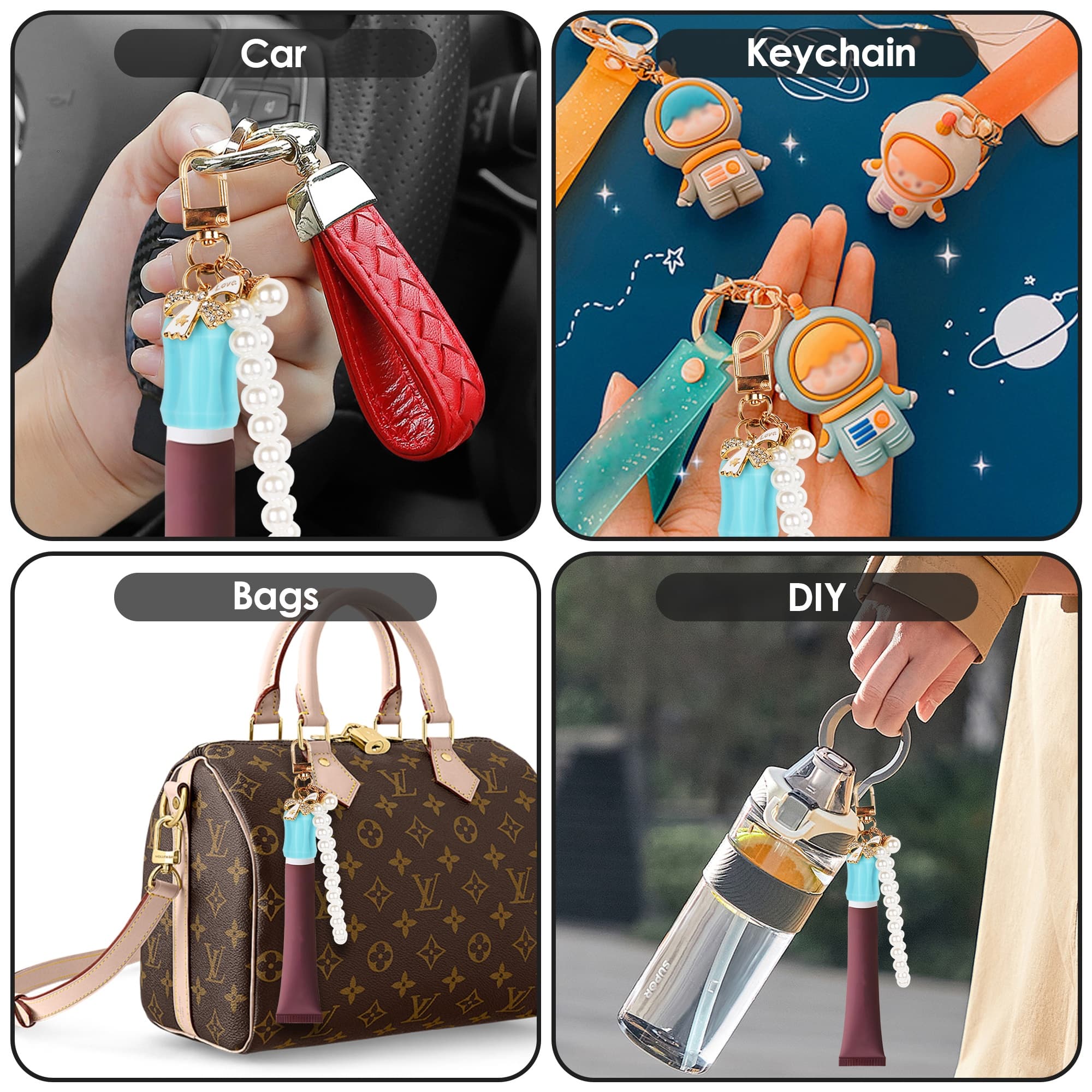 ReignSword Bow Pearl Keychain Cap Compatible with Summer Fridays Lip Balm 0.5oz, LANGIGE 0.35oz, 4 Pack Lip Gloss Holder Keychain, Portable Silicone Lip Balm Replacement Cap - 5