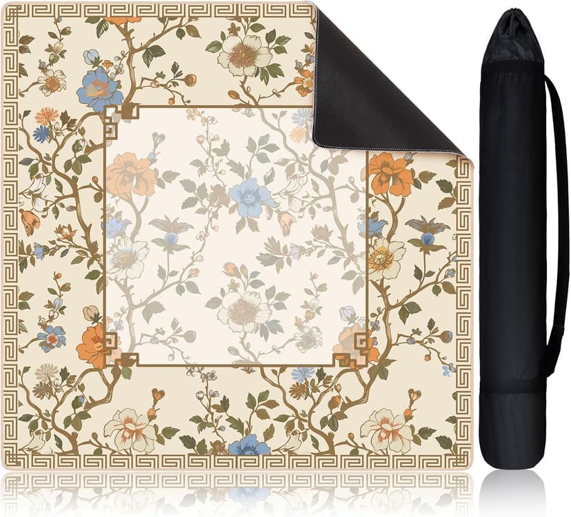 ReignSword Chinoiserie Flower Mahjong Mat with Carrying Bag, Anti-Slip and Noise-Reducing Mat for Table, Functional Gifts for Card Games, and Board Tile Games ( 31.5" x 31.5", Beige)