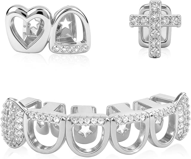 ReignSword 3 Pcs Silver Teeth Grillz Set for Women Men, Heart Cross Star Hollow CZ Grill Caps, Hip Hop Fashion Jewelry for Halloween, Parties & Daily Wear
