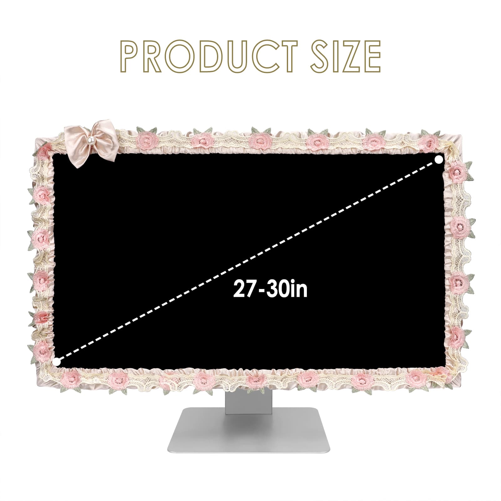 ReignSword 2 Pcs 27''-30'' Cute Computer Monitor Cover with Bow Tie, Lovely Computer Accessories with Lace Design, Monitor Dust Cover Protector (Beige) - 1