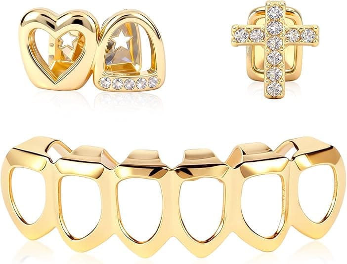 ReignSword 3 Pcs Gold Teeth Grillz Set for Women Men, Heart Cross Star & Plain Hollow CZ Grill Caps, Adjustable Custom Fit, Hip Hop Jewelry for Parties, Halloween & Daily Wear