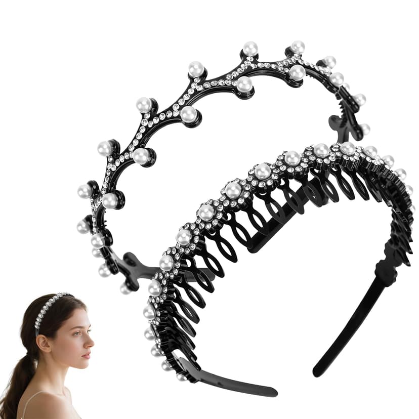 ReignSword 2 Pack Pearl Rhinestones Headbands for Women Girls, Fashion Hair Hoops with Non-Slip Teeth, Decorative Hair Accessories for Birthday Party Wedding (Black)