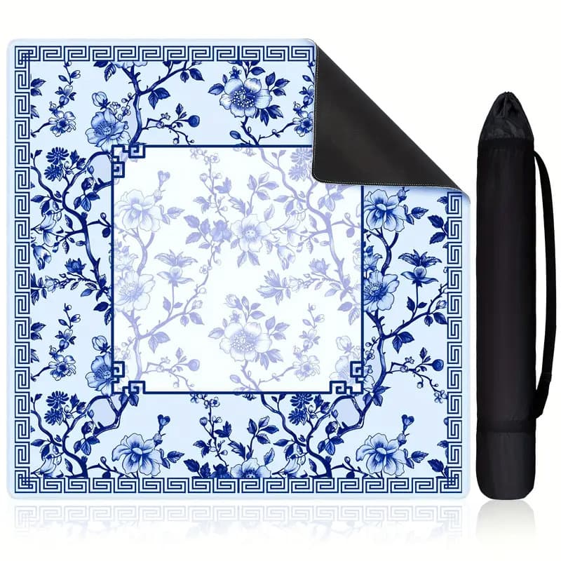 ReignSword Chinoiserie Flower Mahjong Mat with Carrying Bag, Anti-Slip and Noise-Reducing Mat for Table, Functional Gifts for Card Games, and Board Tile Games ( 31.5" x 31.5", Blue)