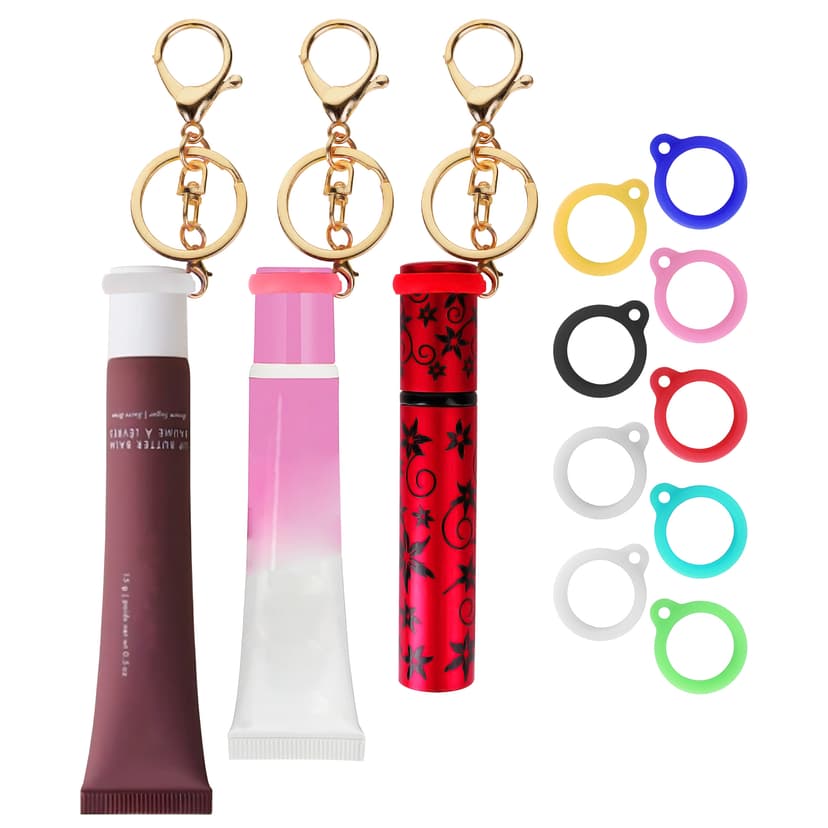 ReignSword Lip Gloss Keychain for Women, 3 Pack Lipstick Holder Key Chain with 9 Rubber Rings, Portable Lip Balm Holder for Purse Charms Keychain Wallet Tumbler Accessories