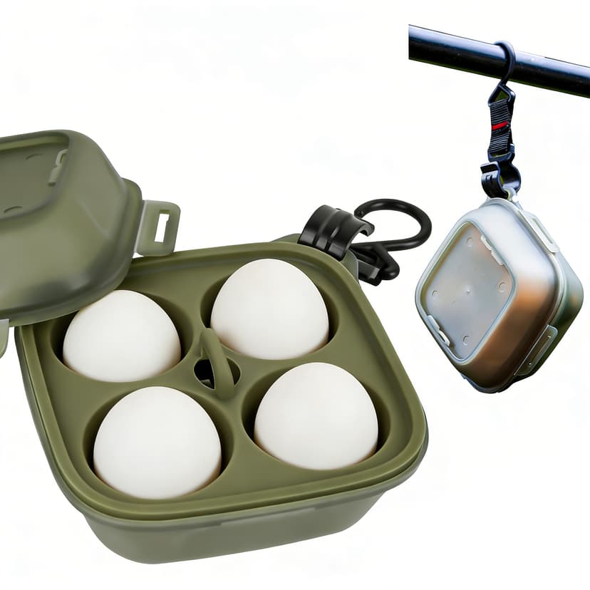 ReignSword 2-in-1 Camping Egg Holder, Portable 4 Grid Egg Storage Box with Built-in Silicone Steamer & Outdoor Hook, Shockproof Egg Container for Camping, Picnic, Travel (Military Green)