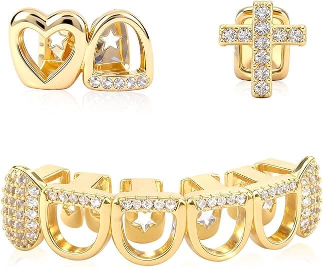 ReignSword 3 Pcs Gold Teeth Grillz Set for Women Men, Heart Cross Star Hollow CZ Grill Caps, Hip Hop Fashion Jewelry for Halloween, Parties & Daily Wear