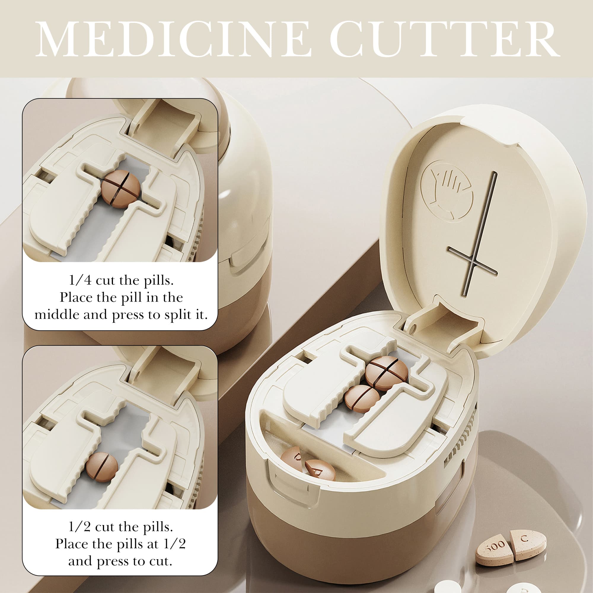 ReignSword 2-in-1 Pill Cutter with Medicine Box, 1/2 1/4 Adjustable Pill Crusher for Small, Large, and Tiny Pills, Travel Medicine Pills Splitter for Elderly & Pet (Cream White) - 4