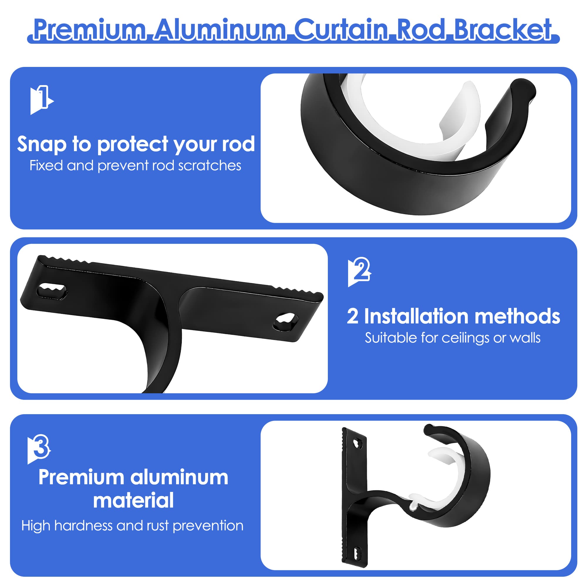 ReignSword 2 Pack Curtain Rod Brackets for 1 Inch Rod,  Heavy Duty Curtain Rod Holders for Wall & Ceiling Installation (Black) - 2