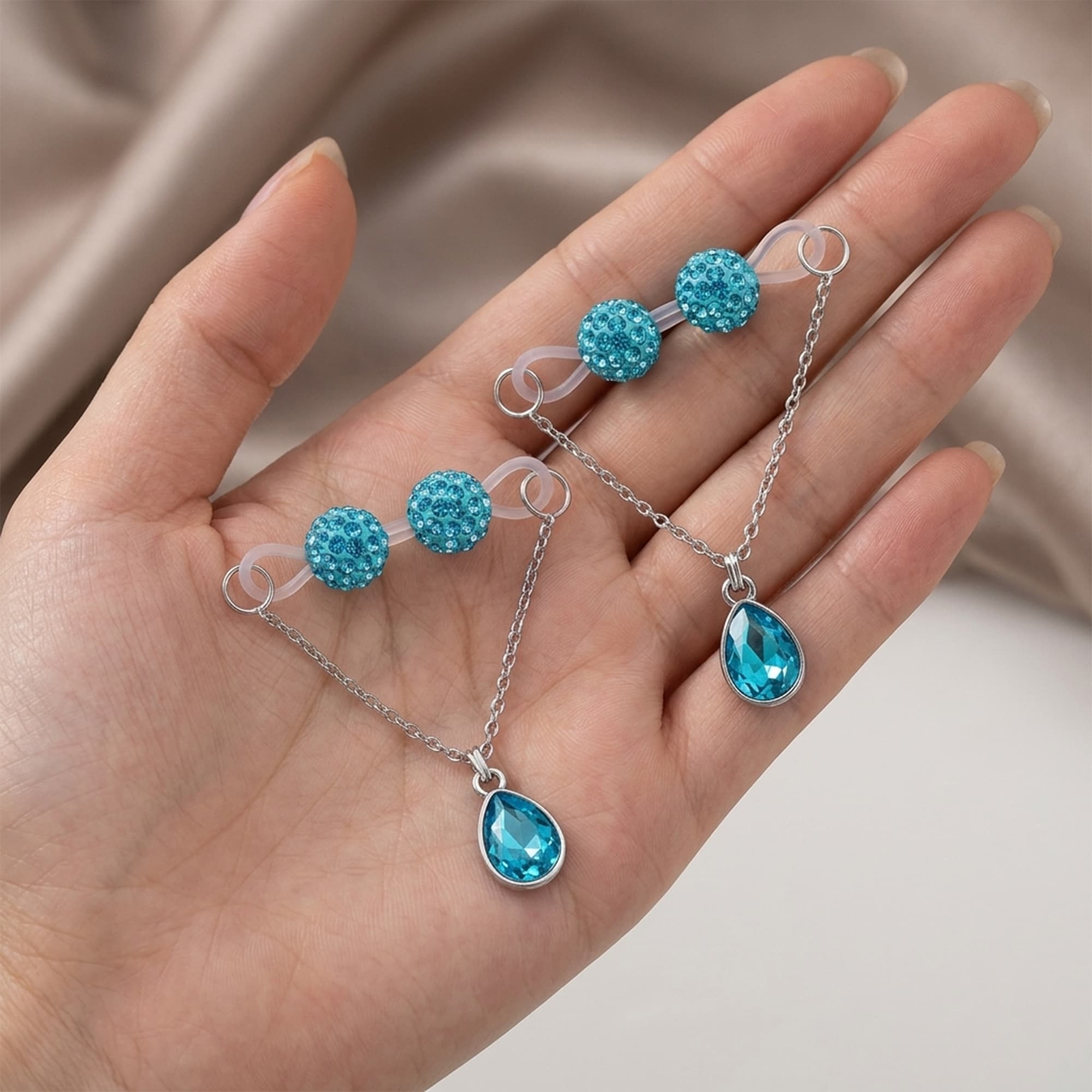 ReignSword Pair of Non-Piercing Nipple Rings, Fake Nipple Rings Set with Blue Crystals, Adjustable Fake Nipple Chain Body Jewelry - 4